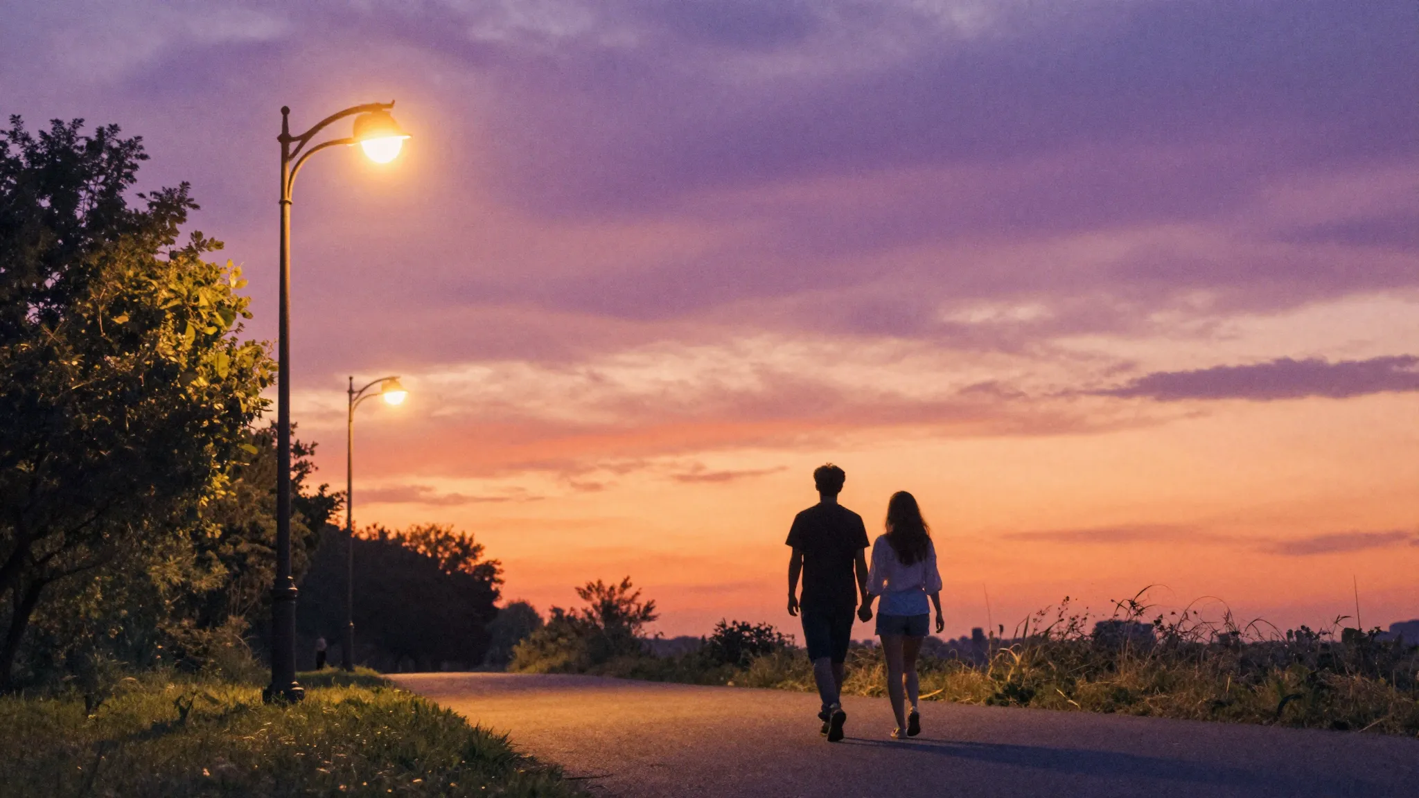 Watercolor style. Silhouette of a couple walking under stree...