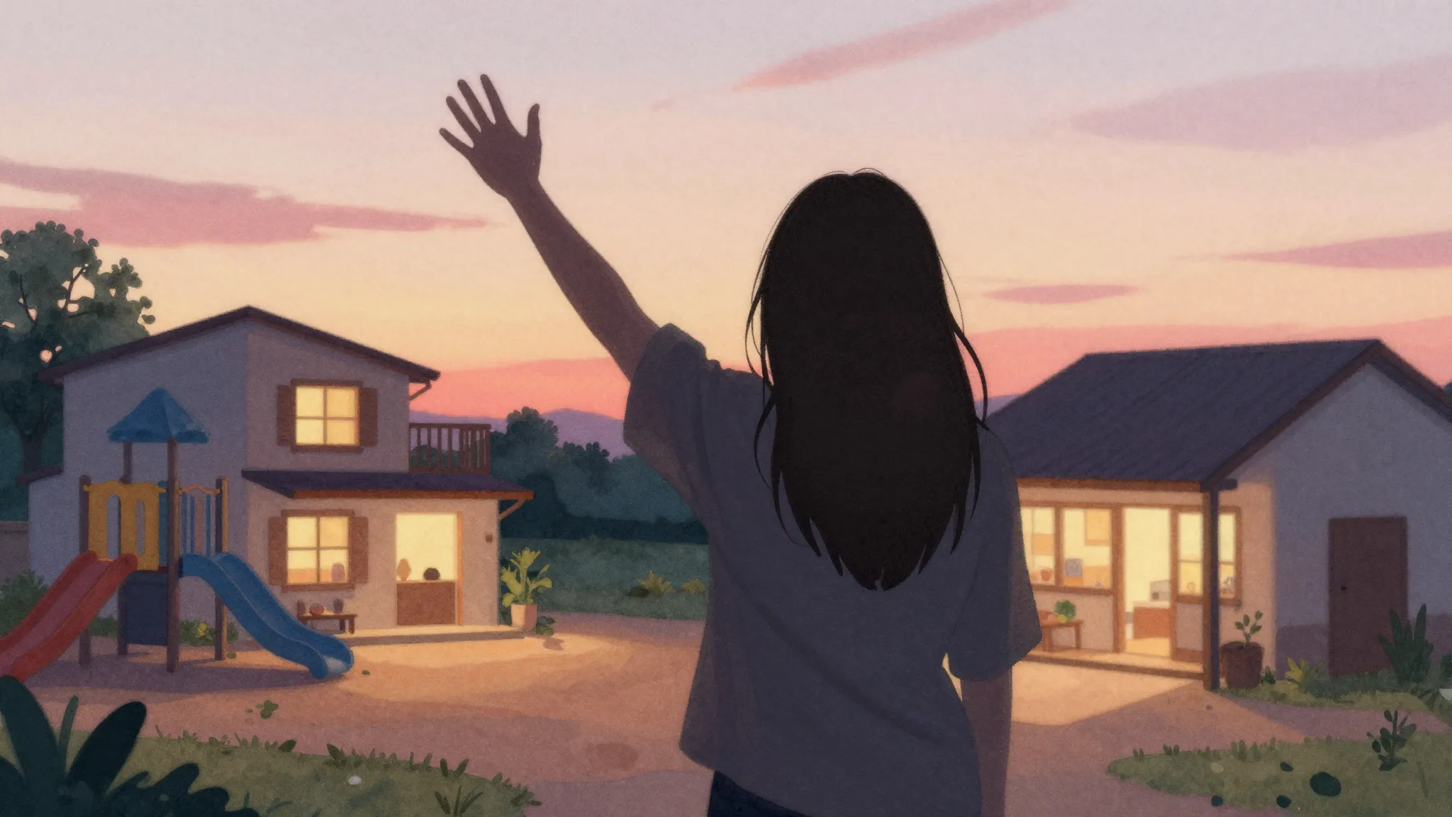 Watercolor style. A silhouette of a woman waving goodbye to ...