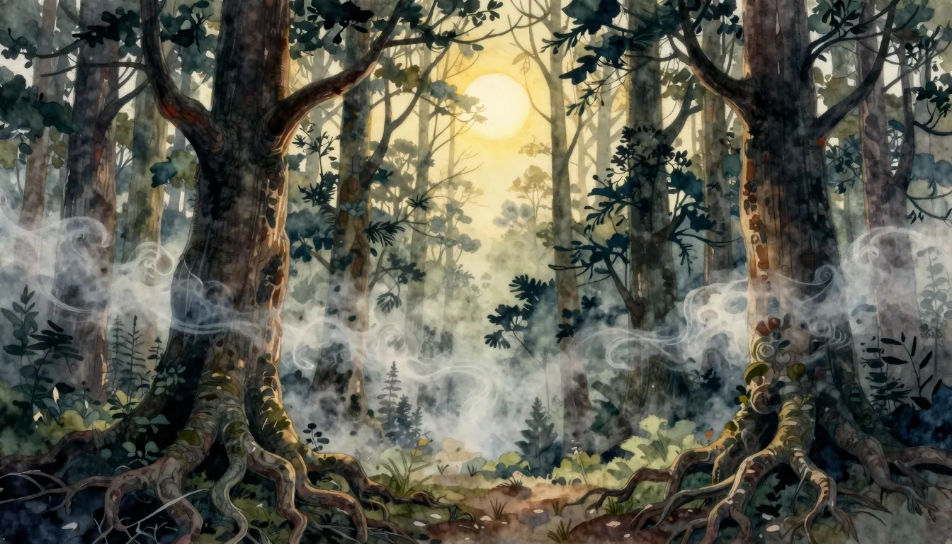 Watercolor style. A mystical ancient forest with giant trees...