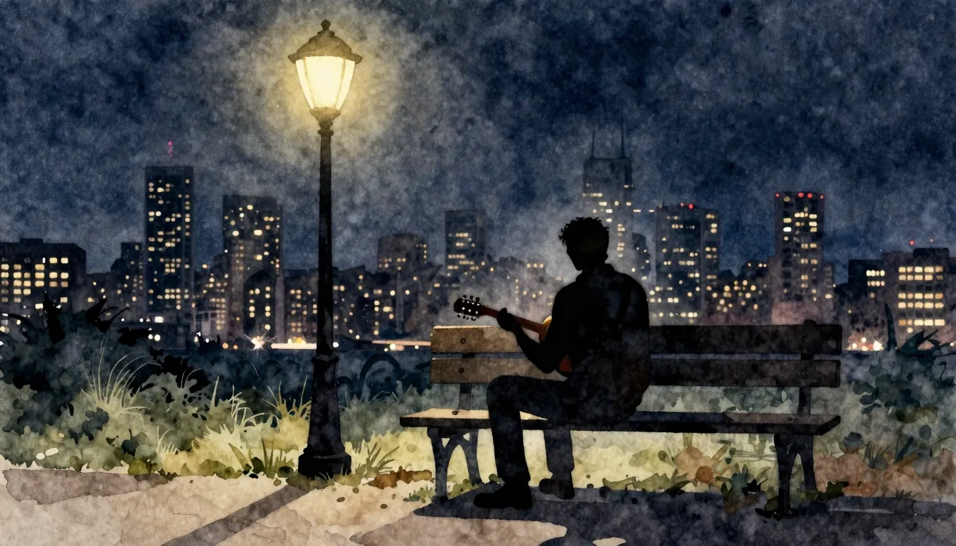 Watercolor style. A silhouette of a man with a guitar sittin...