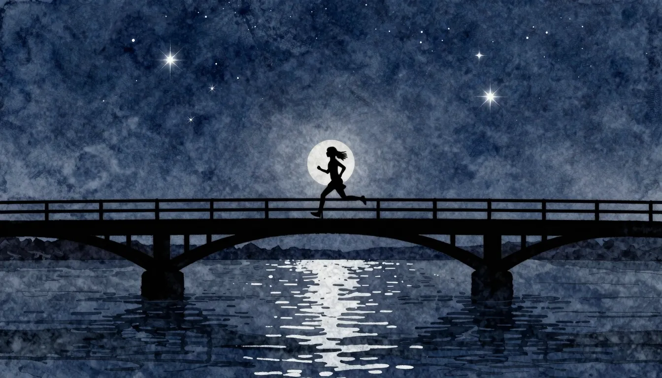 Watercolor style. Silhouette of a girl running across a brid...