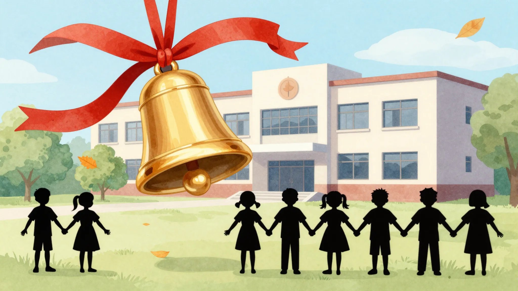 Watercolor style. A stylized image of a shiny school bell wi...