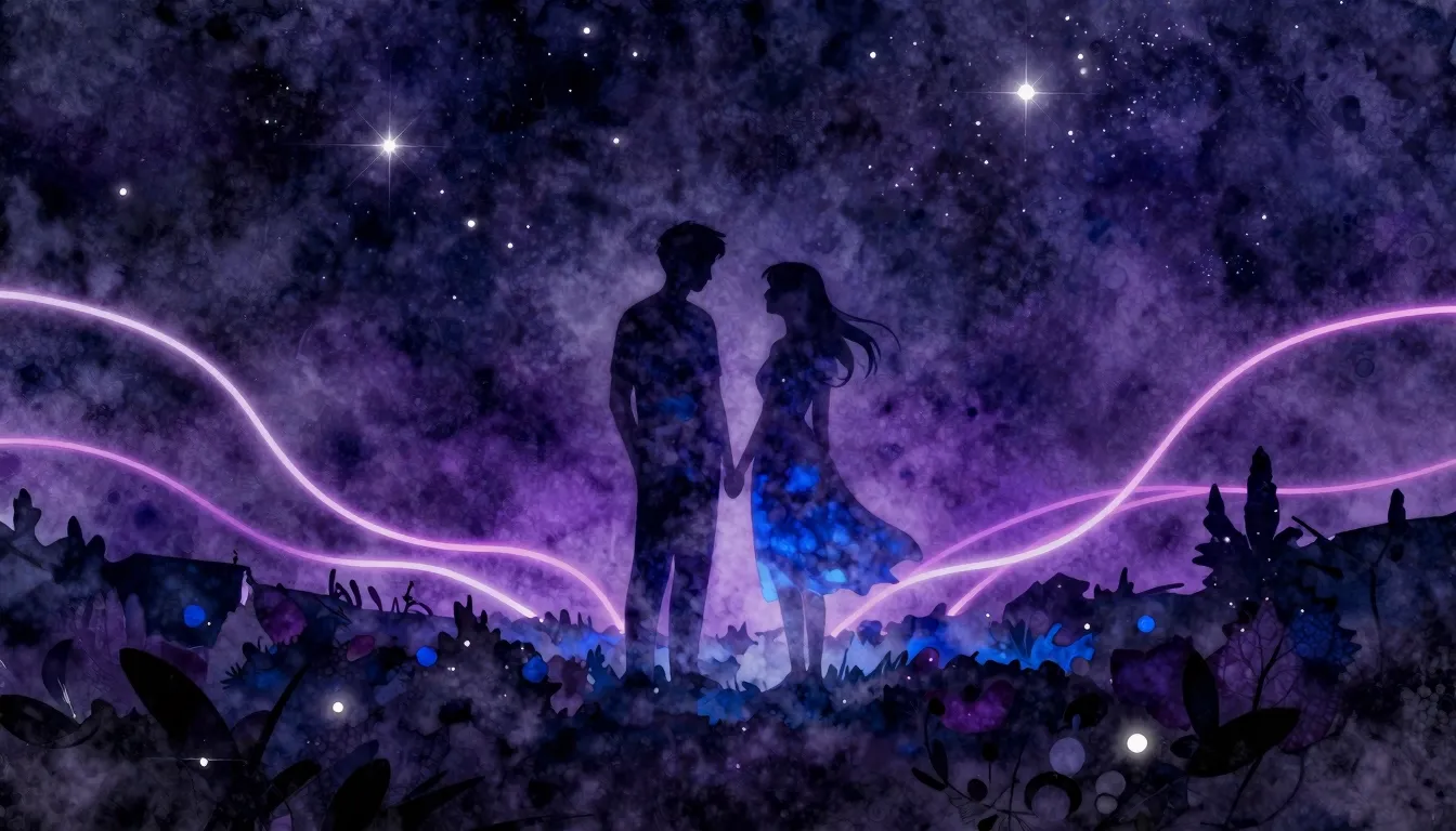 Watercolor style. A glowing silhouette of a couple standing ...