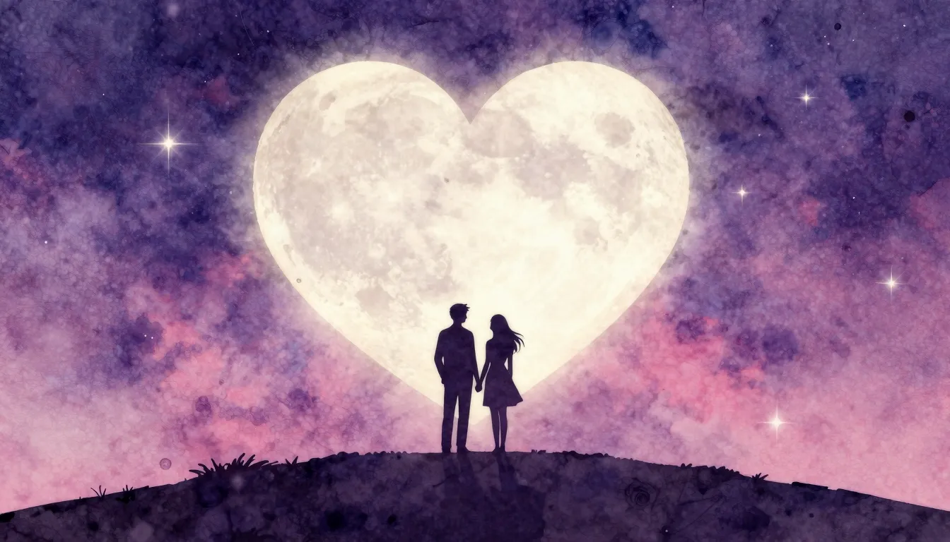 Watercolor style. Silhouette of a couple standing on a hill ...