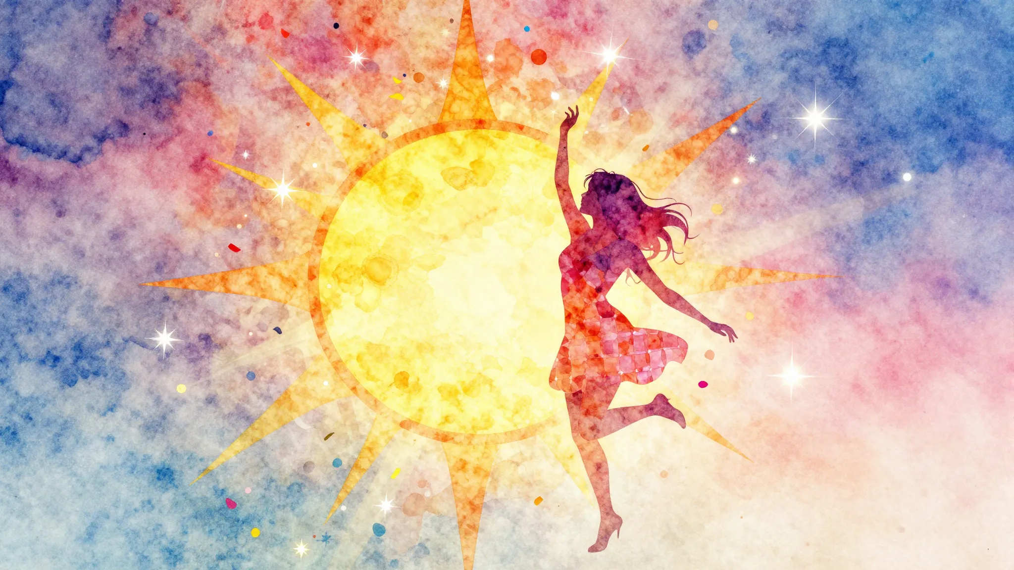 Vibrant watercolor style. Disco album cover, vibrant, joyful...