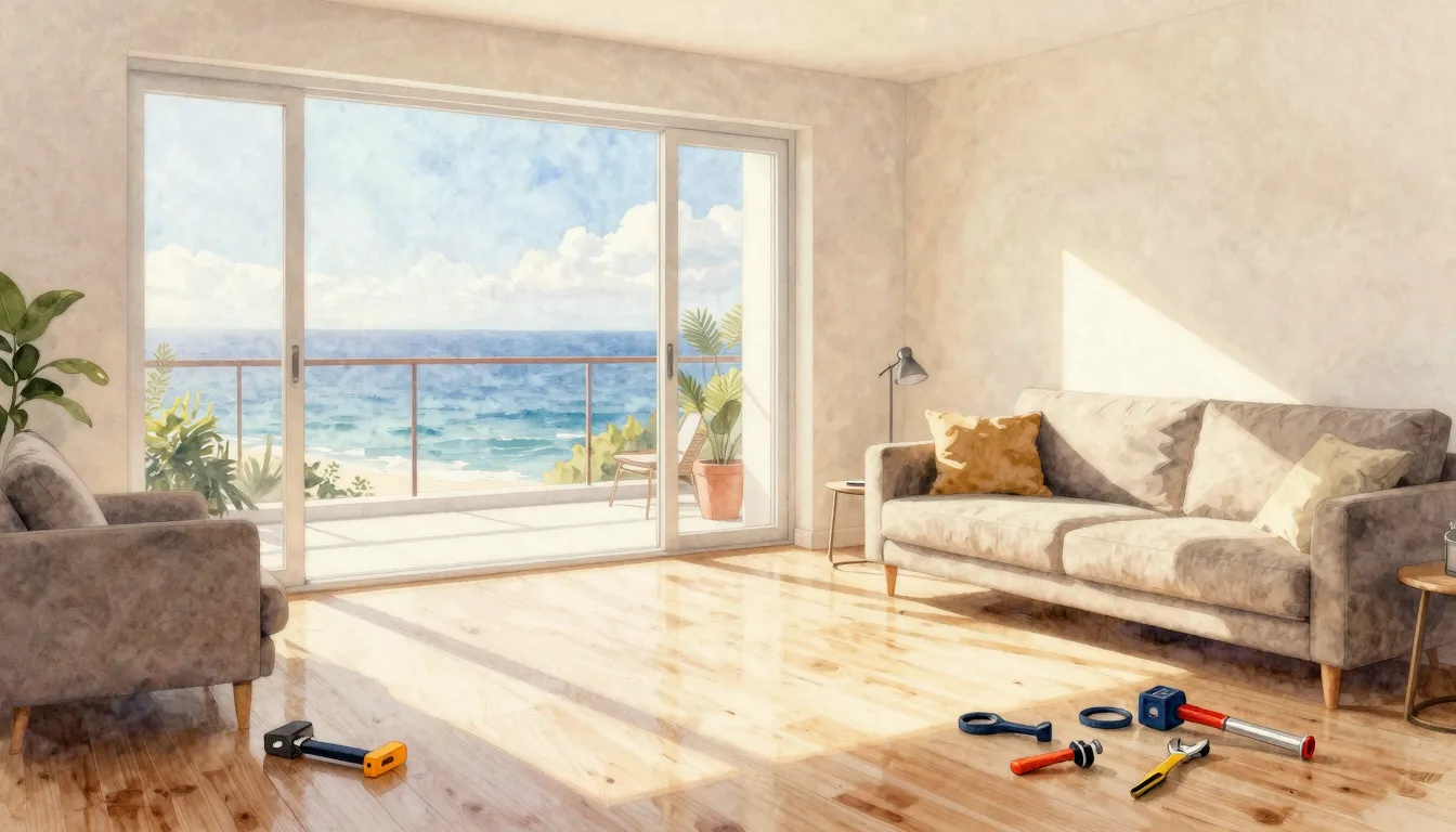 Watercolor style. A bright, sunny apartment with large windo...