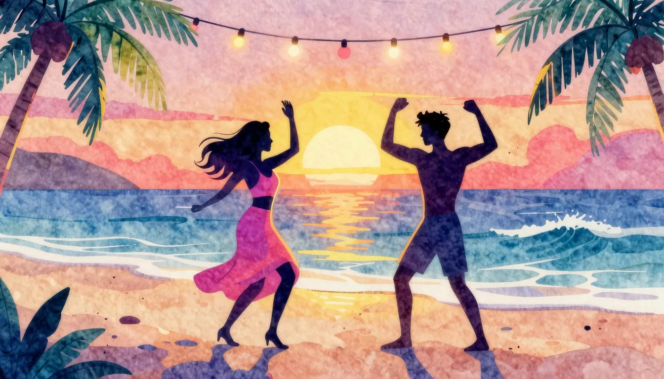 Vibrant watercolor style. Vibrant summer beach party, two si...