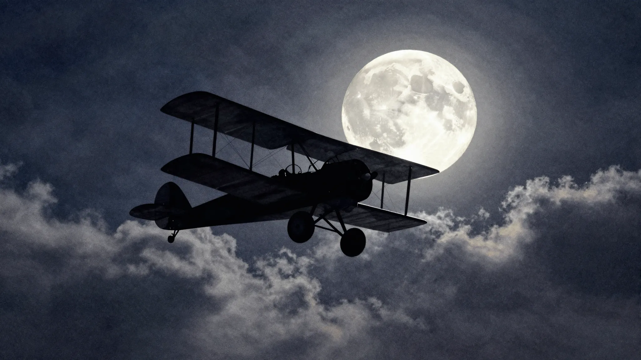 Watercolor style. Silhouette of a small vintage biplane flyi...