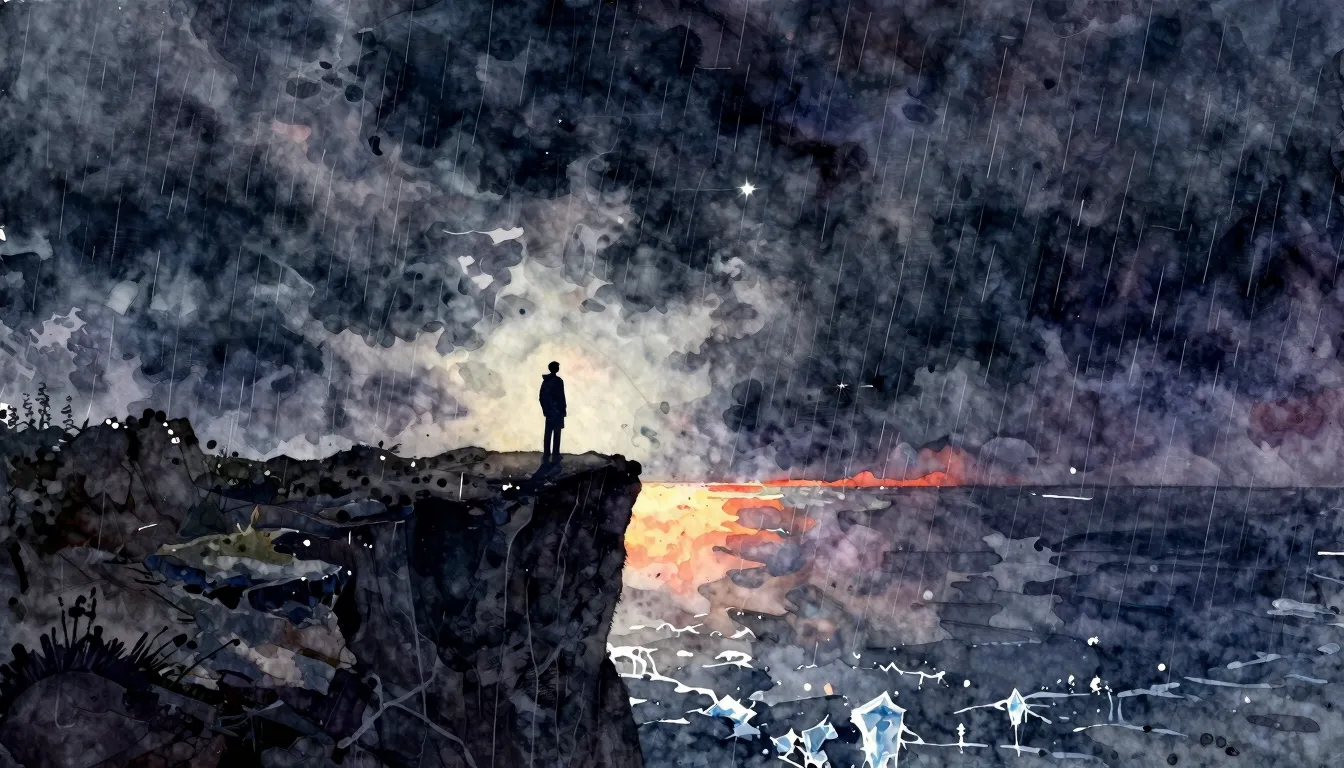 Vibrant watercolor style. Dark rock album cover: lone silhou...