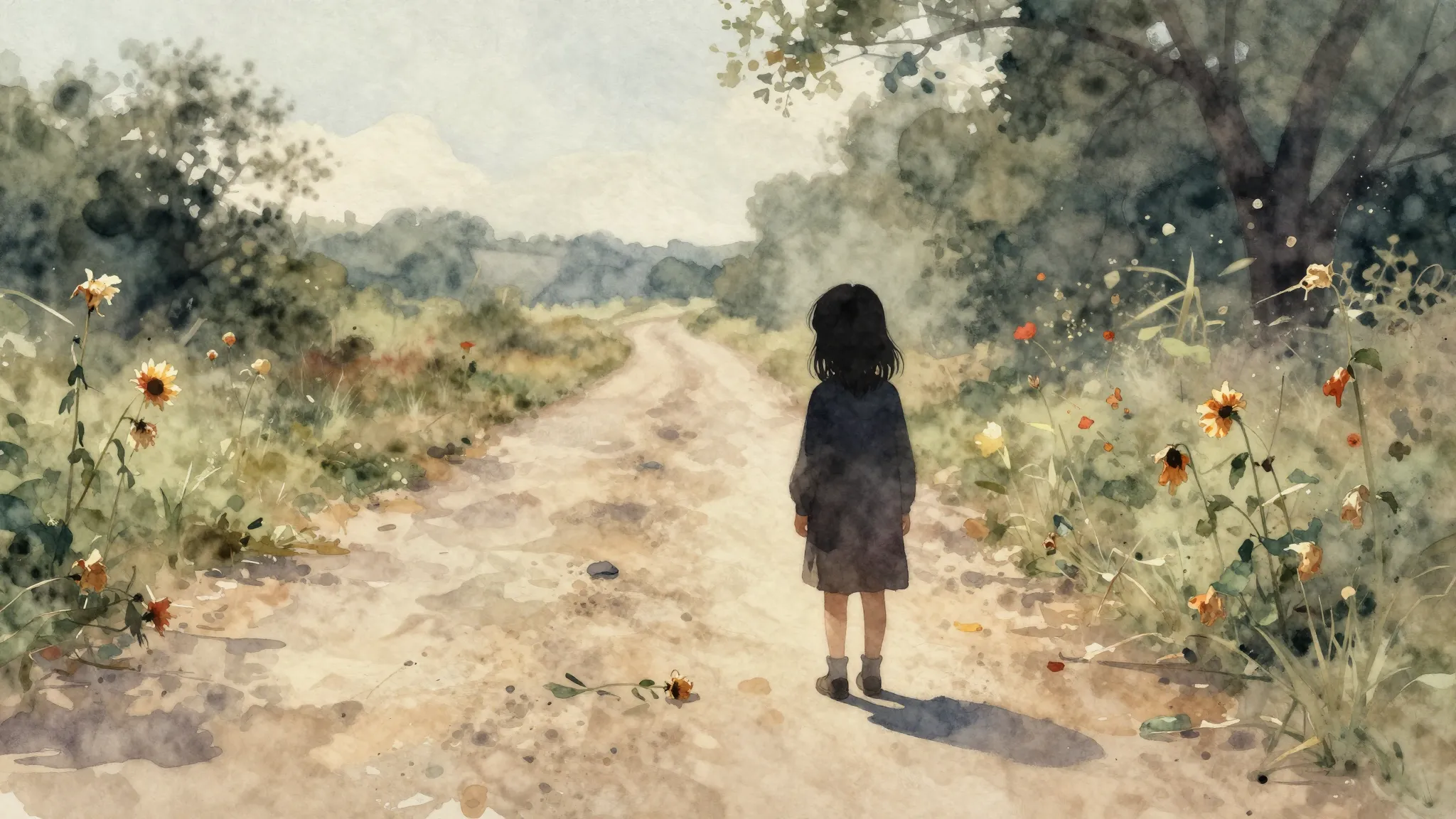 Vibrant watercolor style. Folk song cover, melancholic, lone...