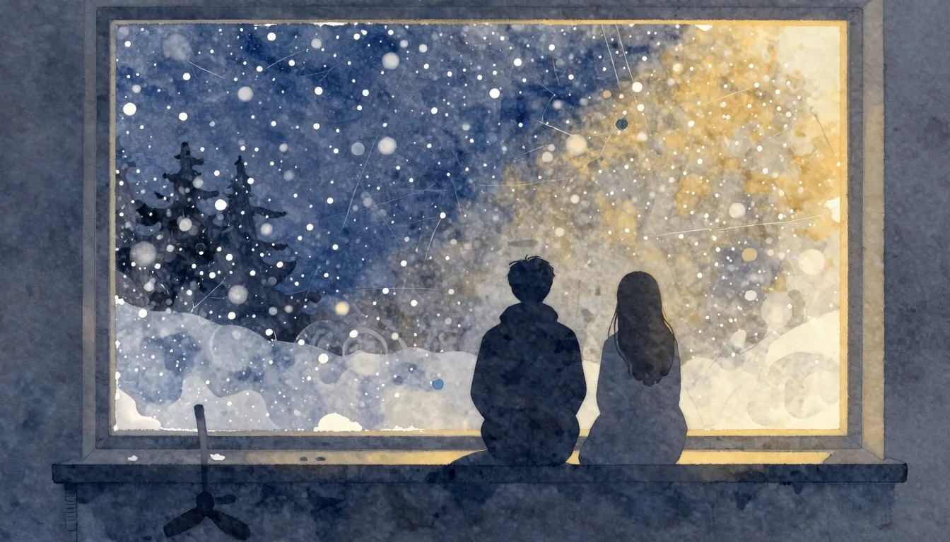 Watercolor style. A silhouette of two figures sitting by a l...