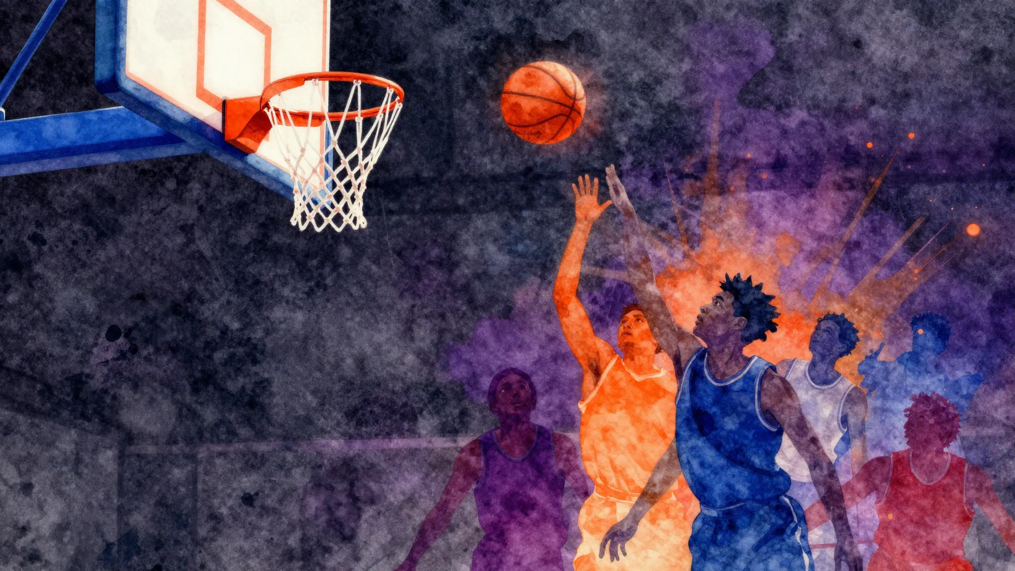 Vibrant watercolor style. Urban street basketball album cove...