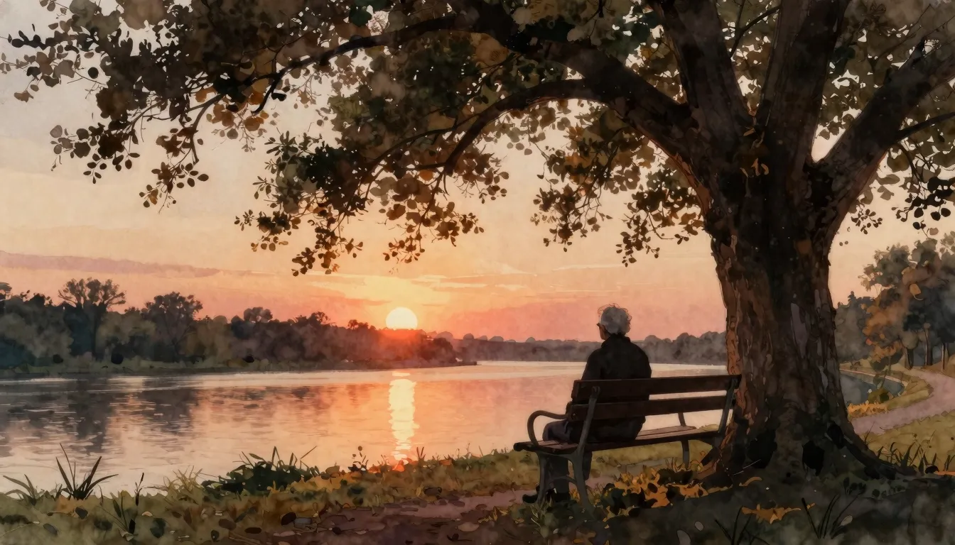 Watercolor style. A silhouette of an old person sitting on a...