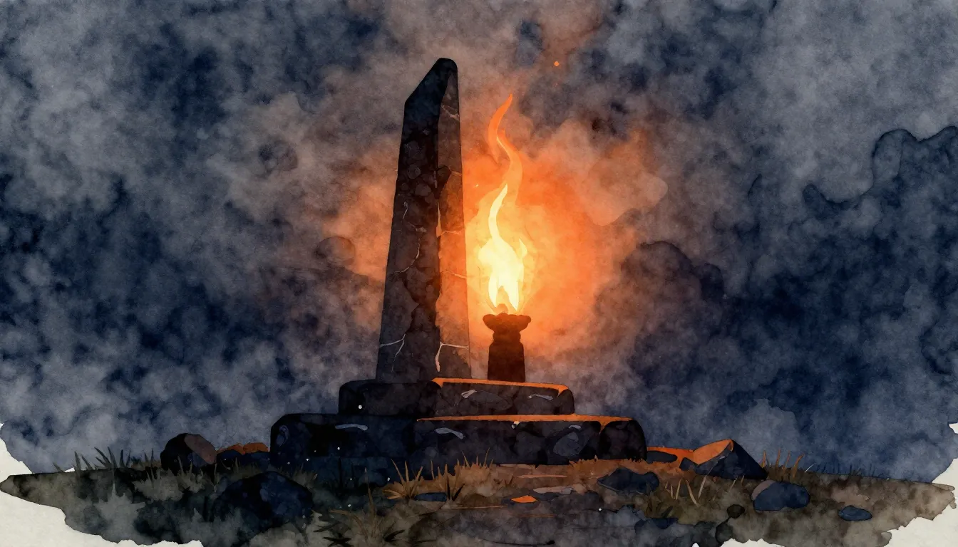 Watercolor style. A silhouette of a stone monument with a br...