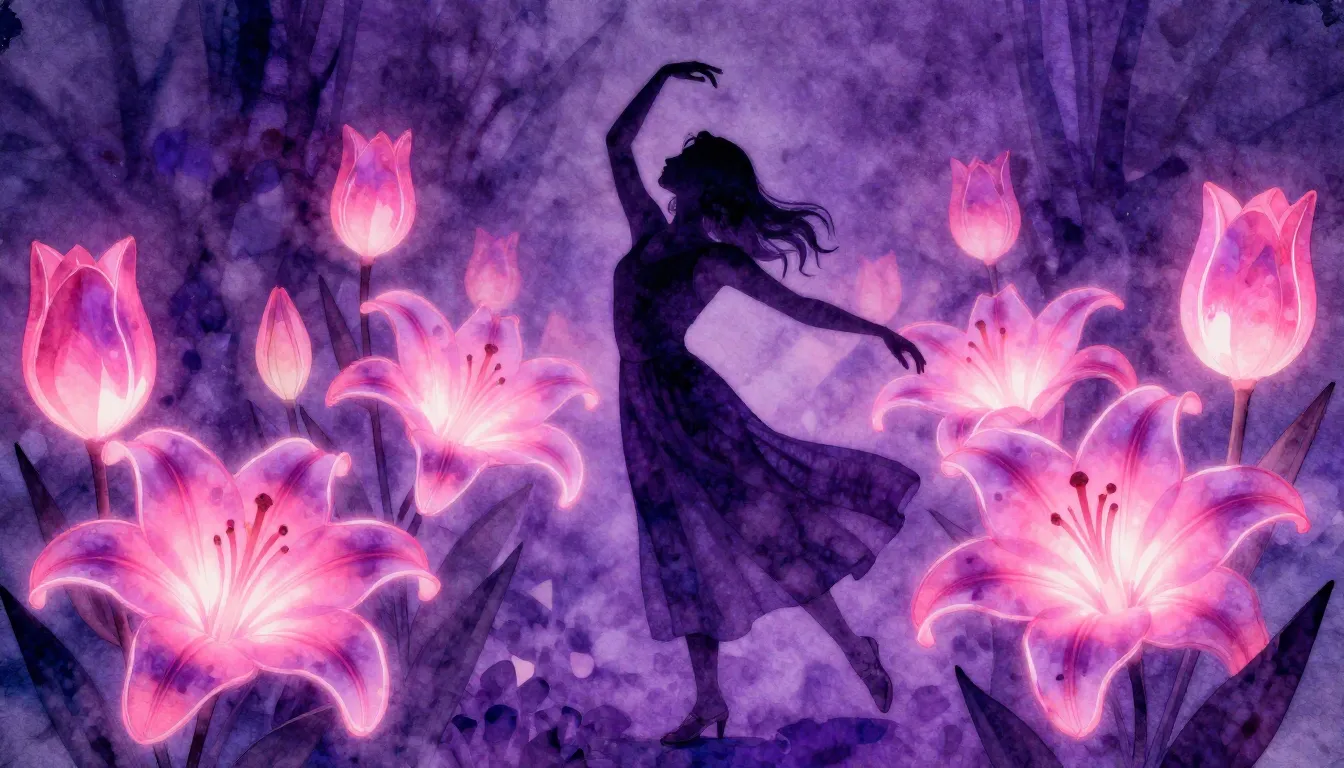 Watercolor style. A dark silhouette of a woman dancing in a ...