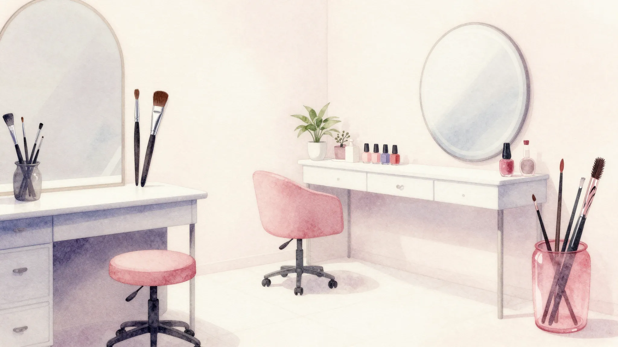 Watercolor style. Aesthetic beauty salon interior, soft past...