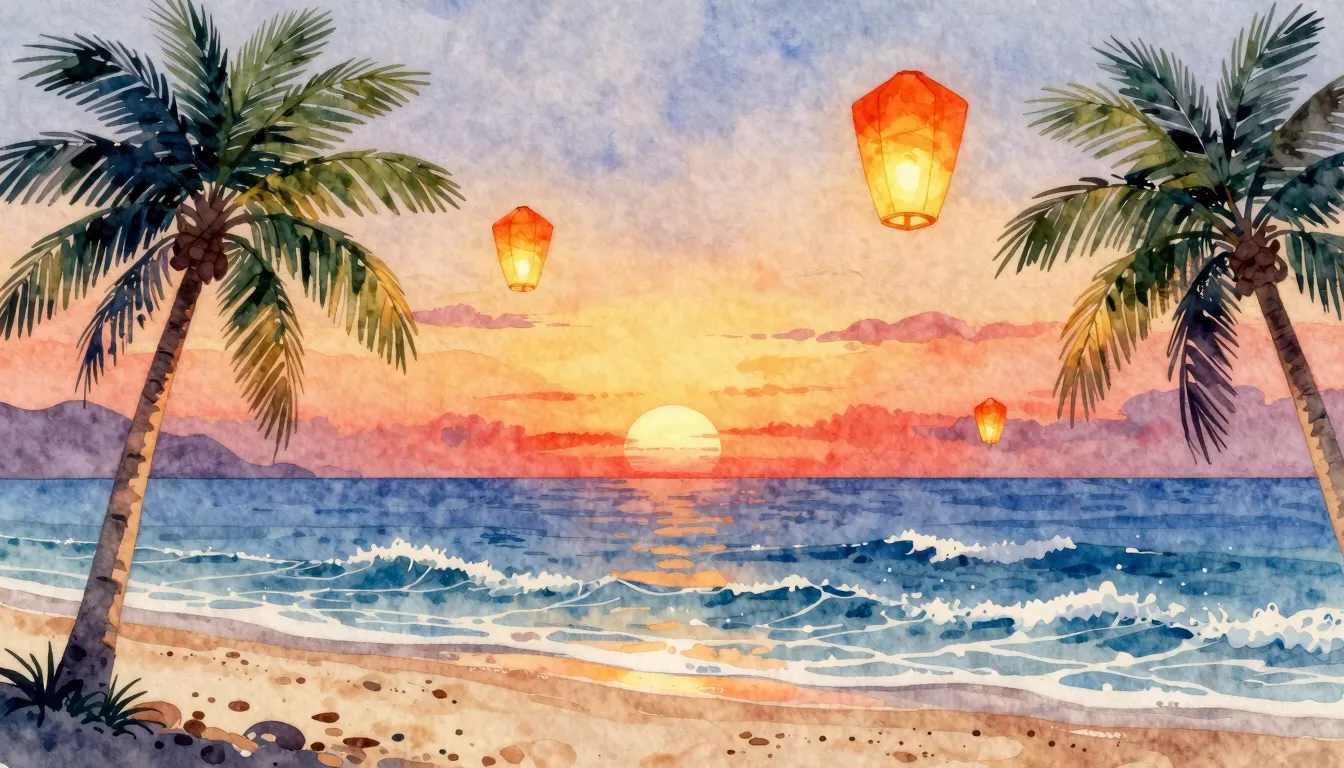 Watercolor style. Tropical beach at sunset in China, palm tr...