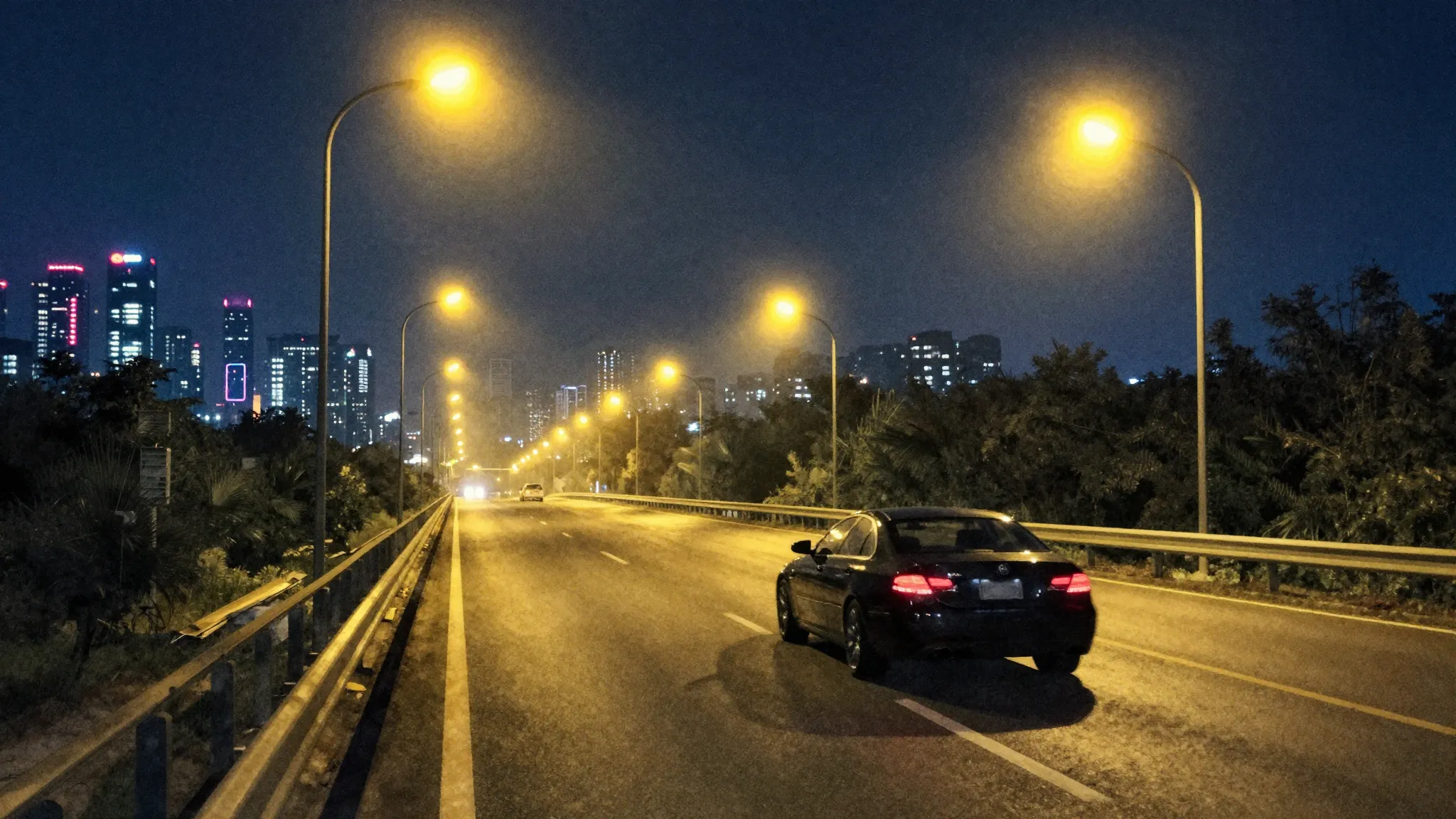 Watercolor style. A dark night highway illuminated by bright...