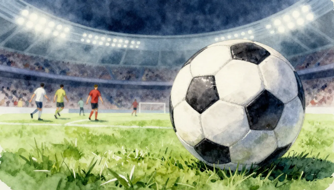 Watercolor style. Close-up of a soccer ball on a lush green ...