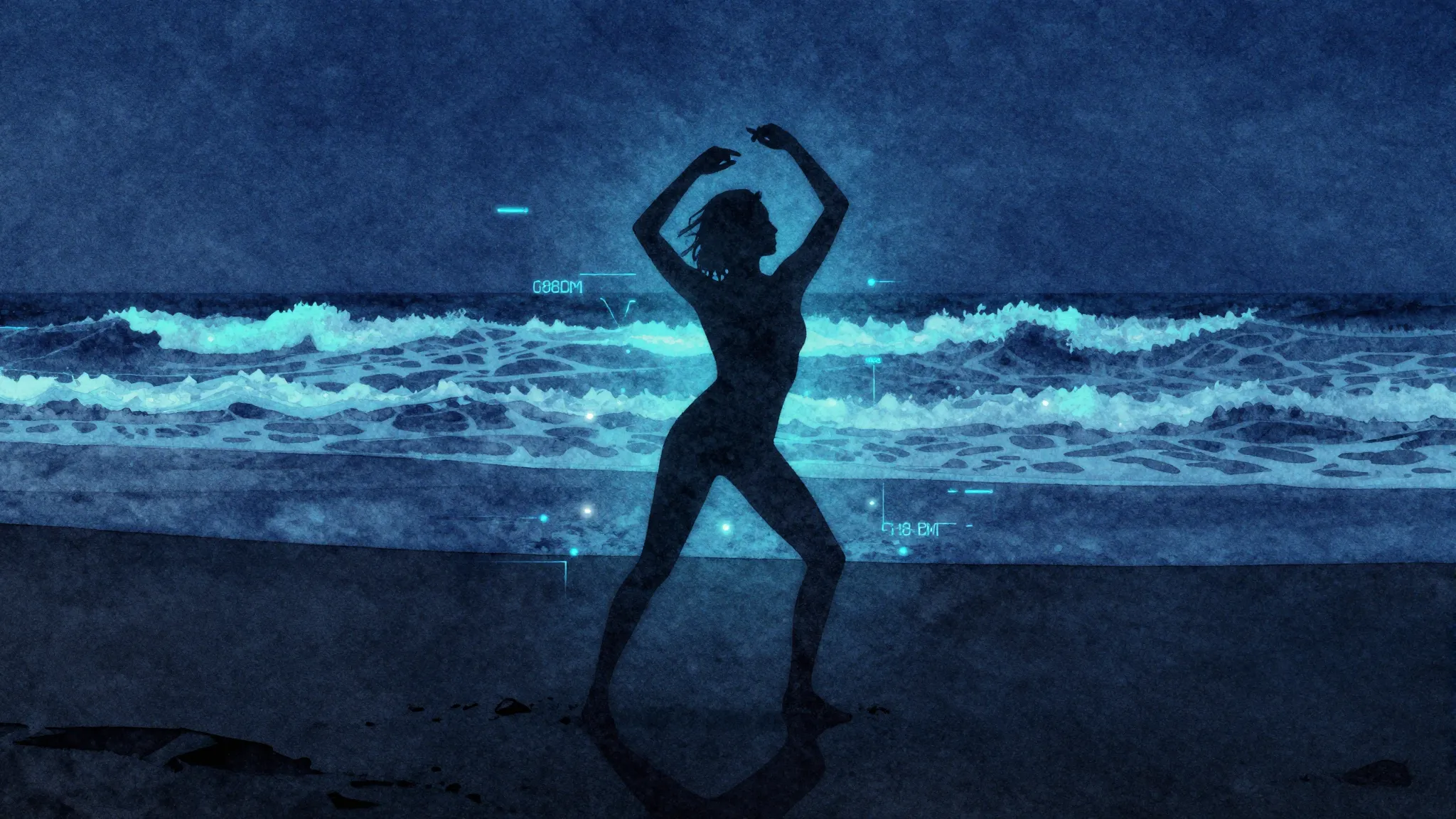 Watercolor style. Silhouette of a person dancing on a dark b...