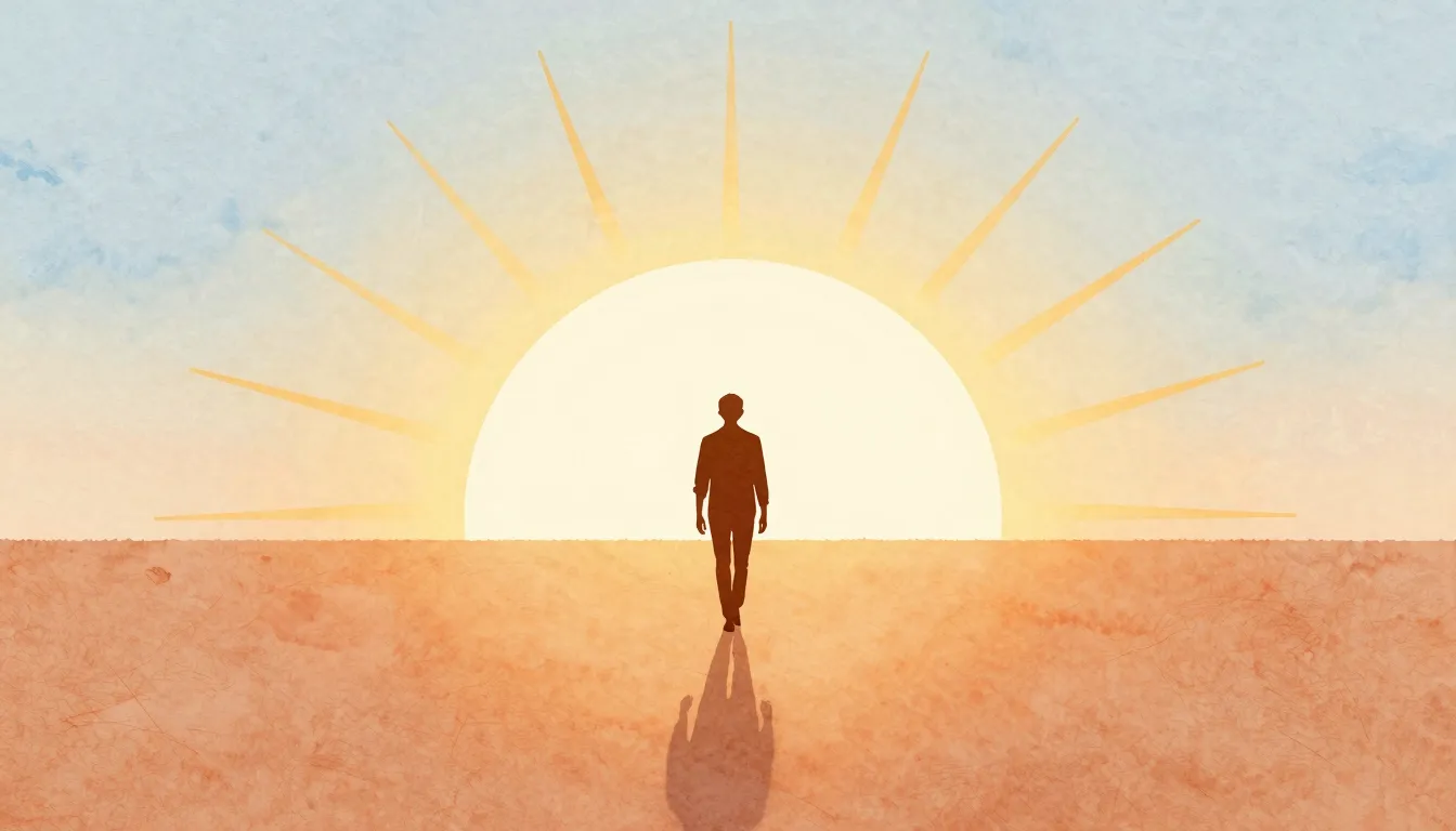 Watercolor style. A silhouette of a person walking towards a...