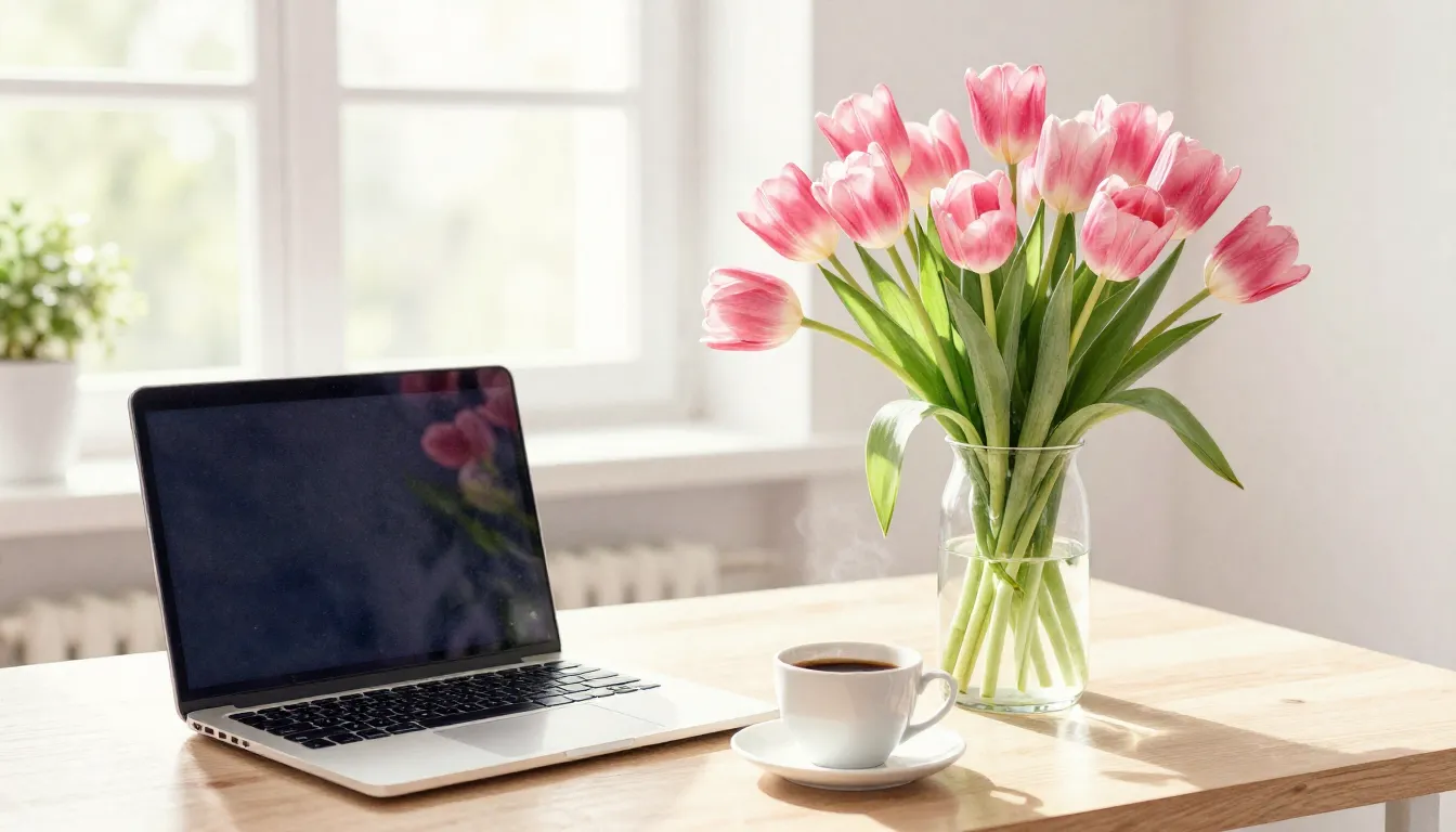 Watercolor style. A bright office desk with a laptop, a cup ...