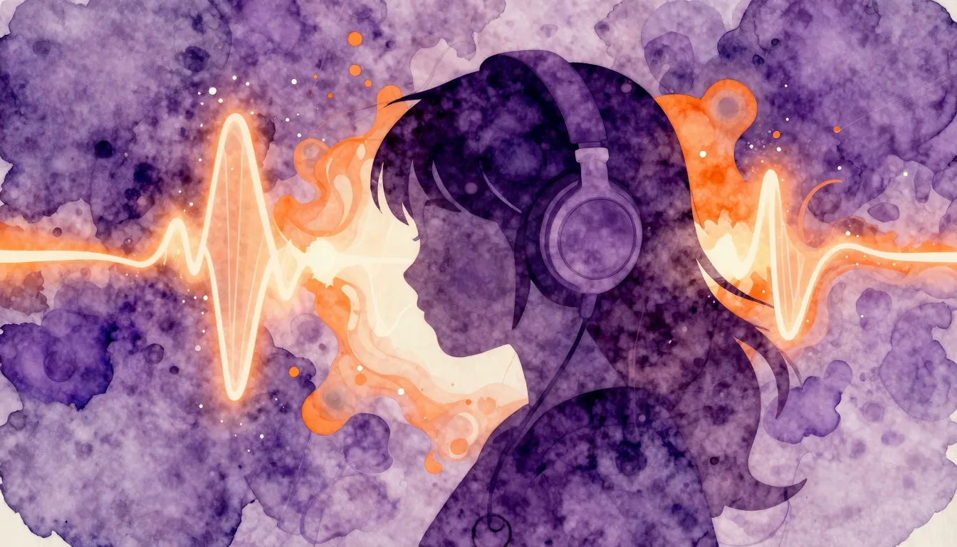 Watercolor style. A stylized silhouette of a girl with headp...