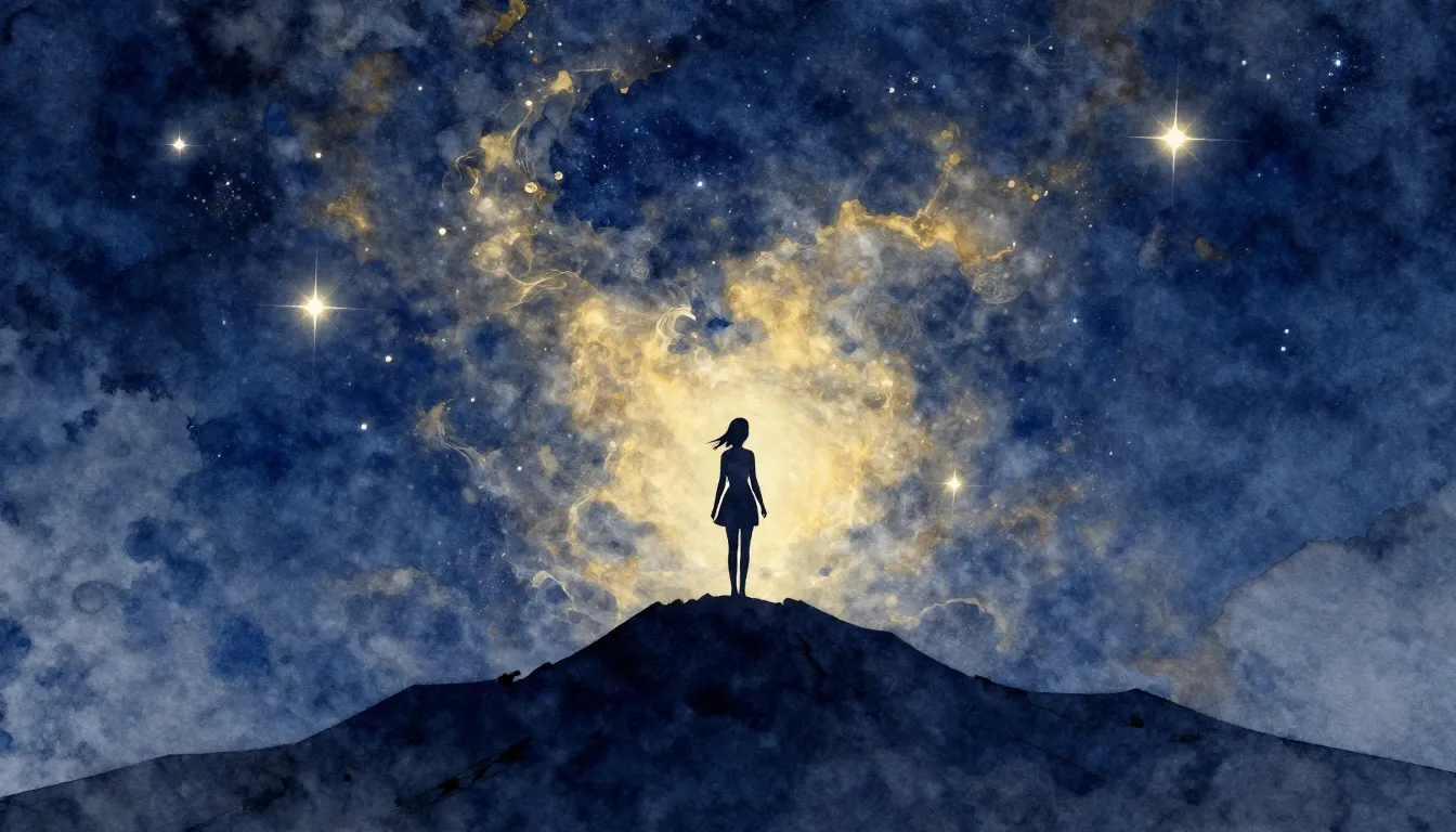 Watercolor style. A lone female silhouette standing on a mou...