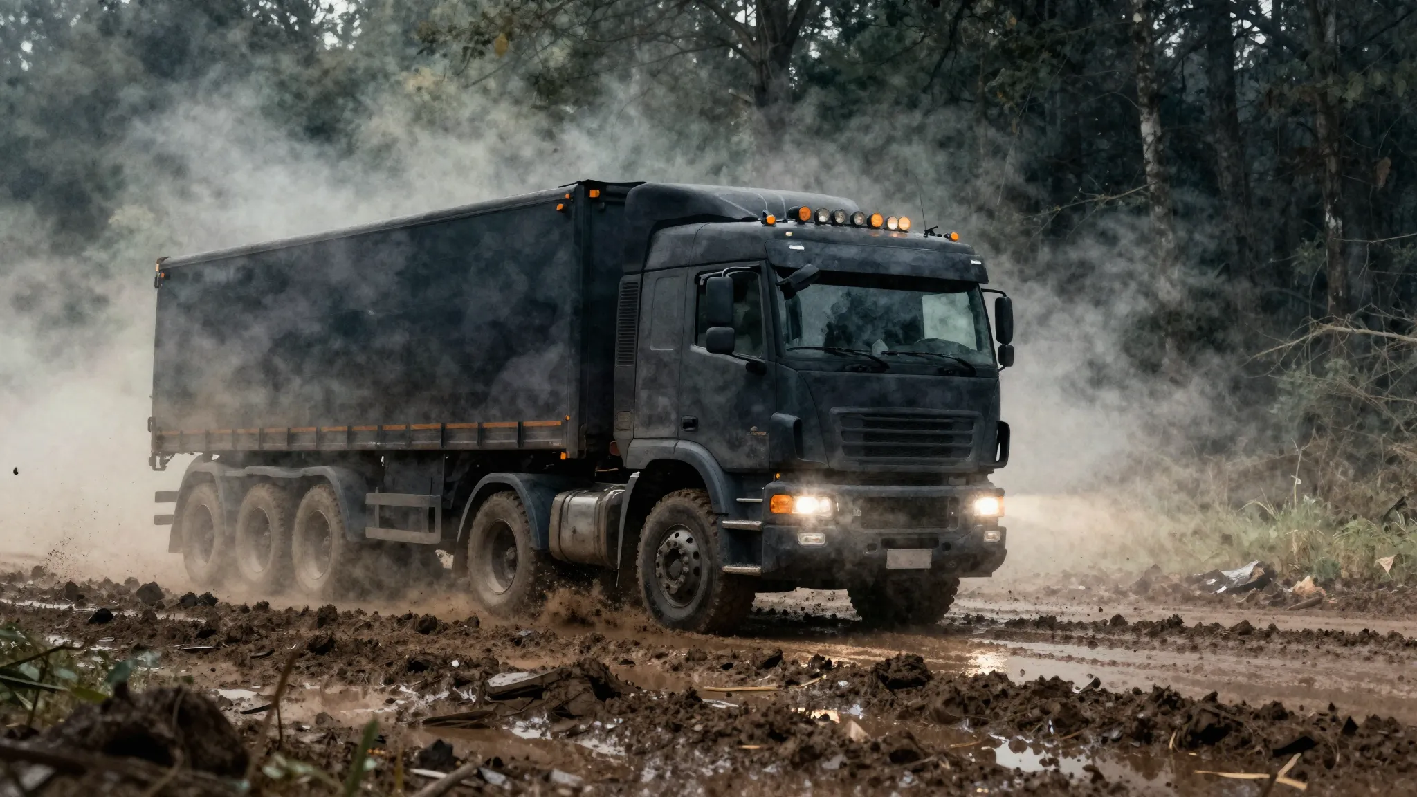 Watercolor style. Silhouette of a heavy truck driving throug...