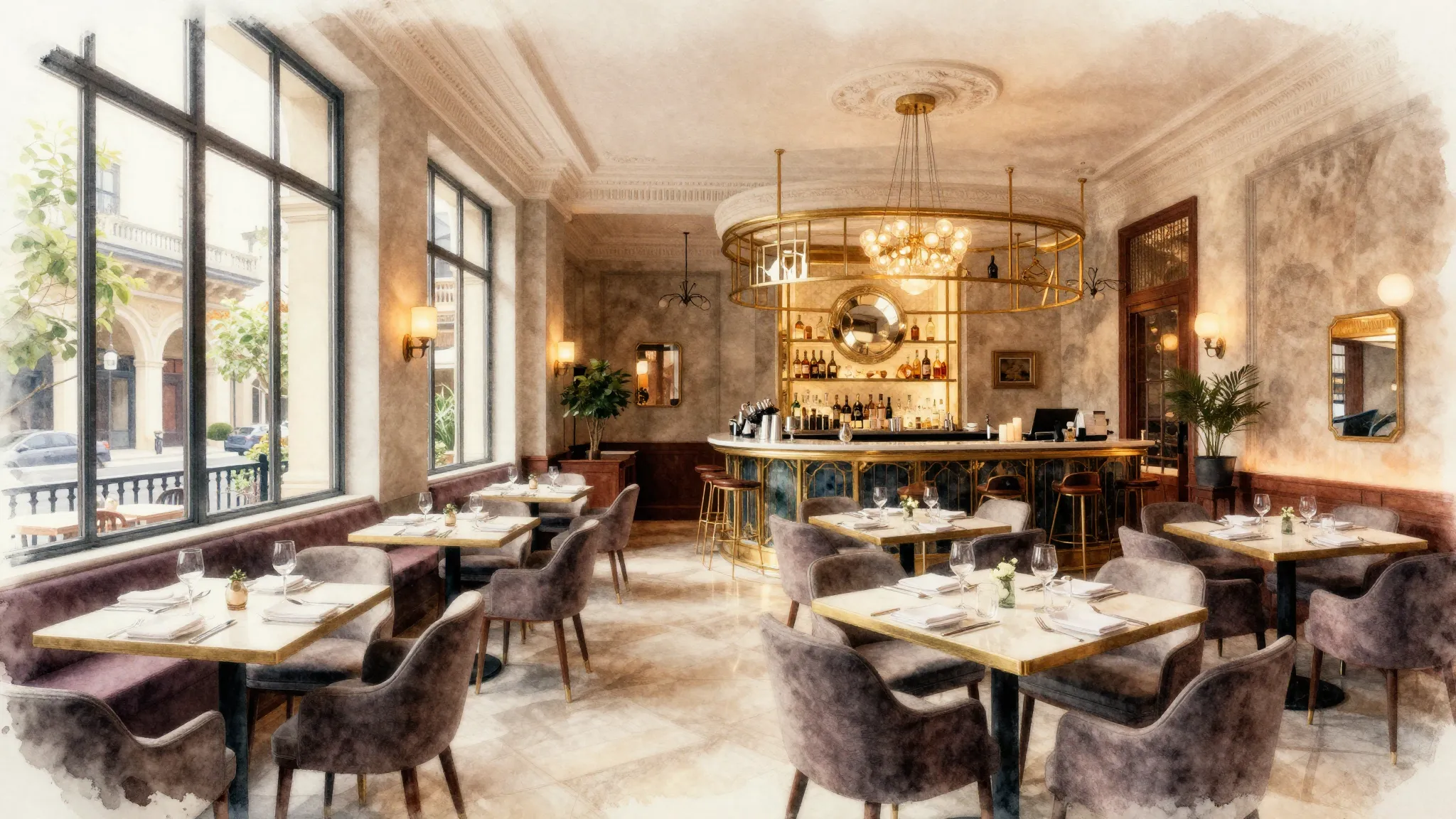 Watercolor style. A luxurious restaurant interior with panor...