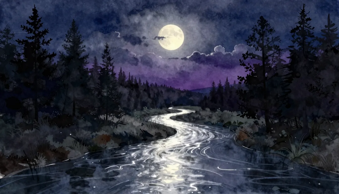 Watercolor style. A serene night landscape with a glowing si...
