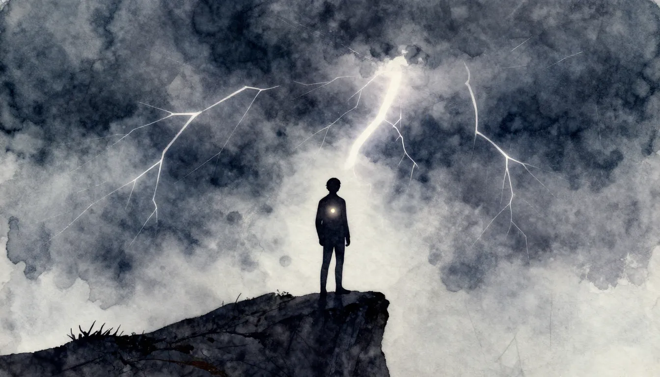 Watercolor style. A dark silhouette of a person standing on ...