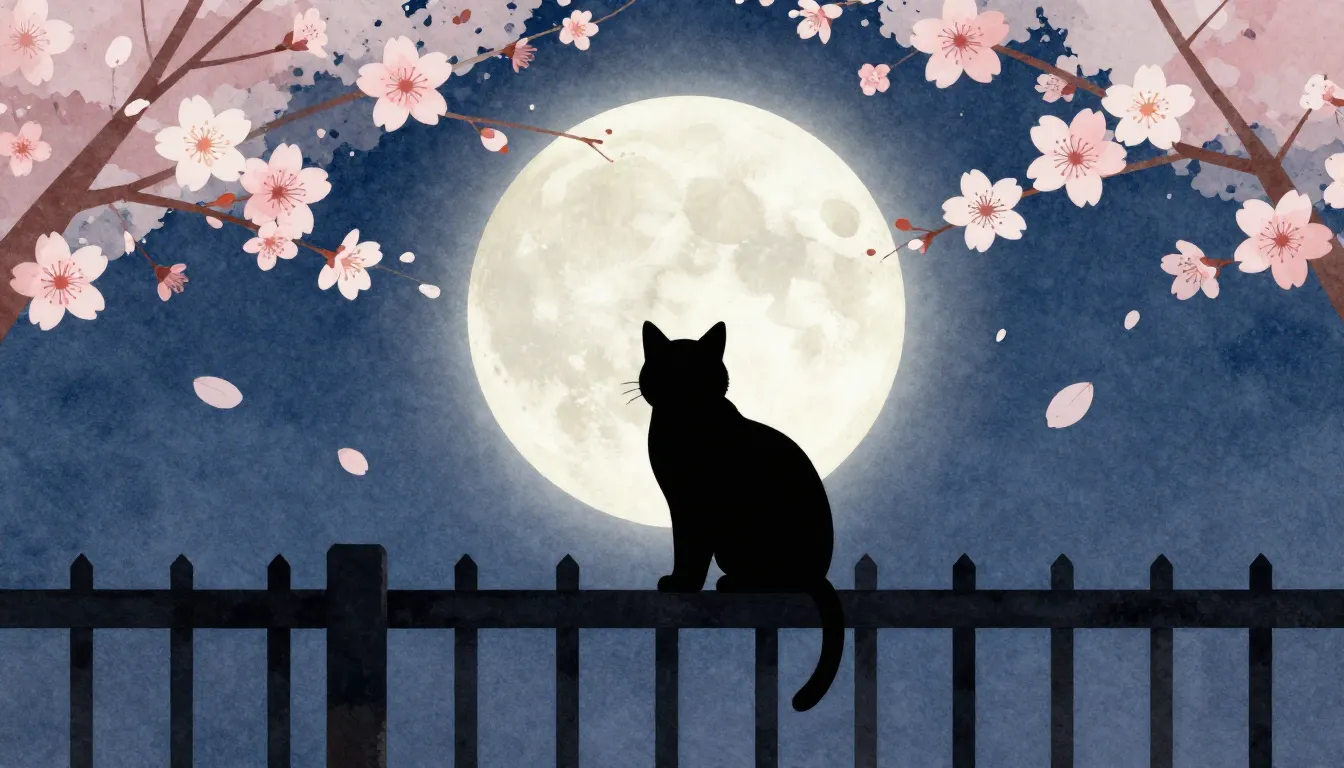 Watercolor style. A silhouette of a cat sitting on a fence u...