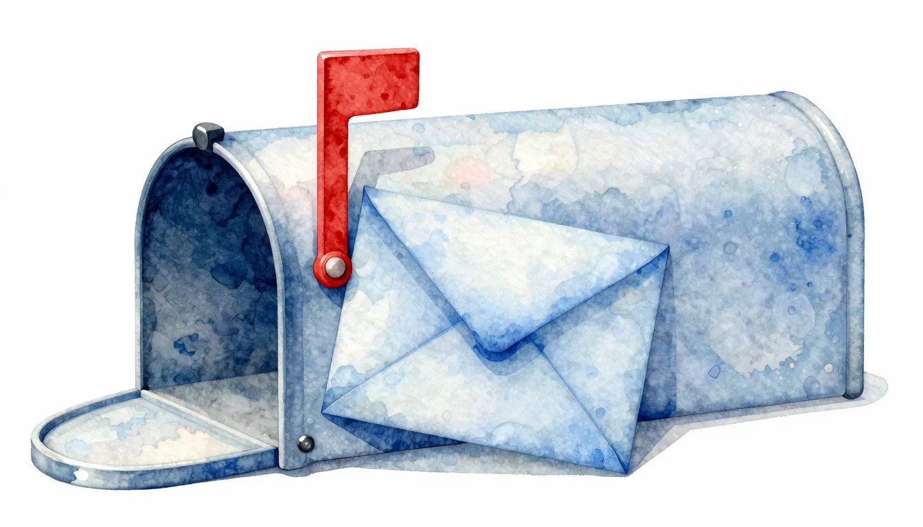 Watercolor style. A stylized mailbox with a blue envelope in...