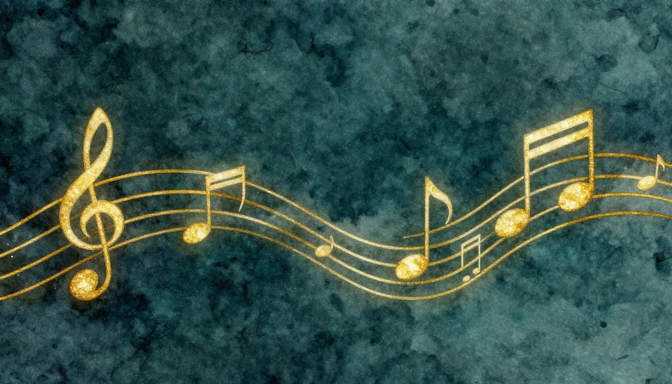 Watercolor style. Abstract musical notes and flowing golden ...