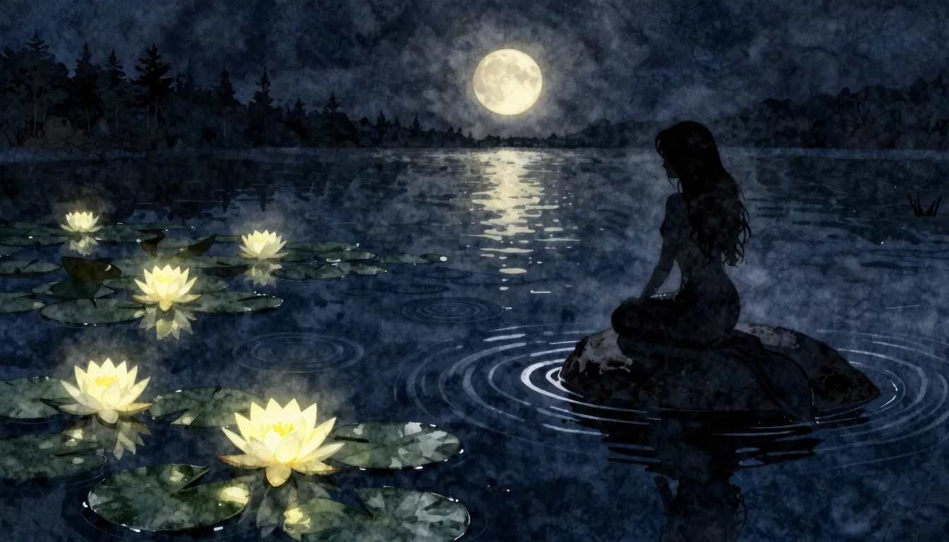 Watercolor style. A dark night lake with glowing water lilie...
