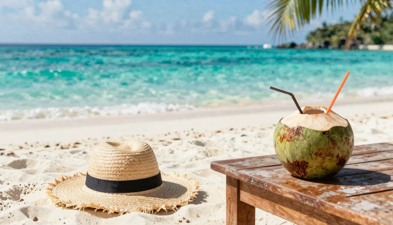 Watercolor style. A peaceful tropical beach scene with turqu...