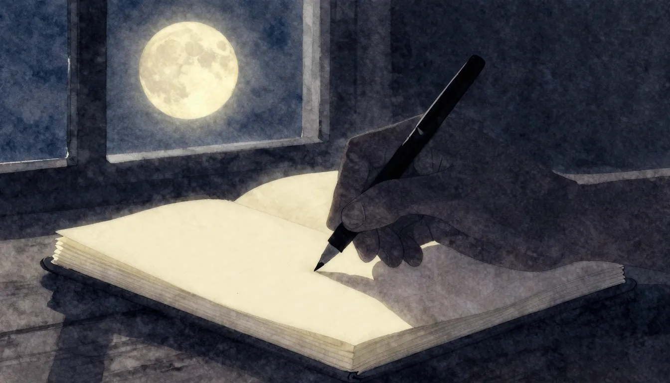 Watercolor style. Silhouette of a hand writing in a glowing ...