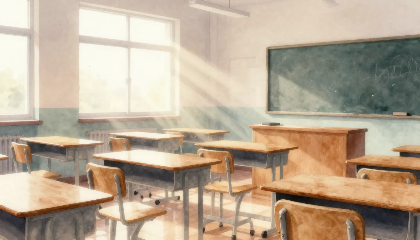 Watercolor style. Empty bright school classroom with wooden ...