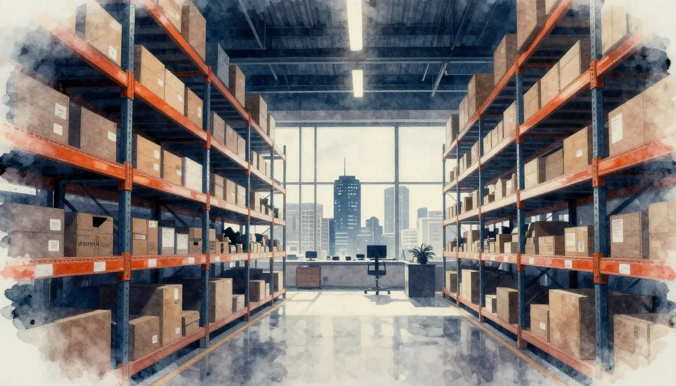 Watercolor style. Silhouette of a modern warehouse interior ...