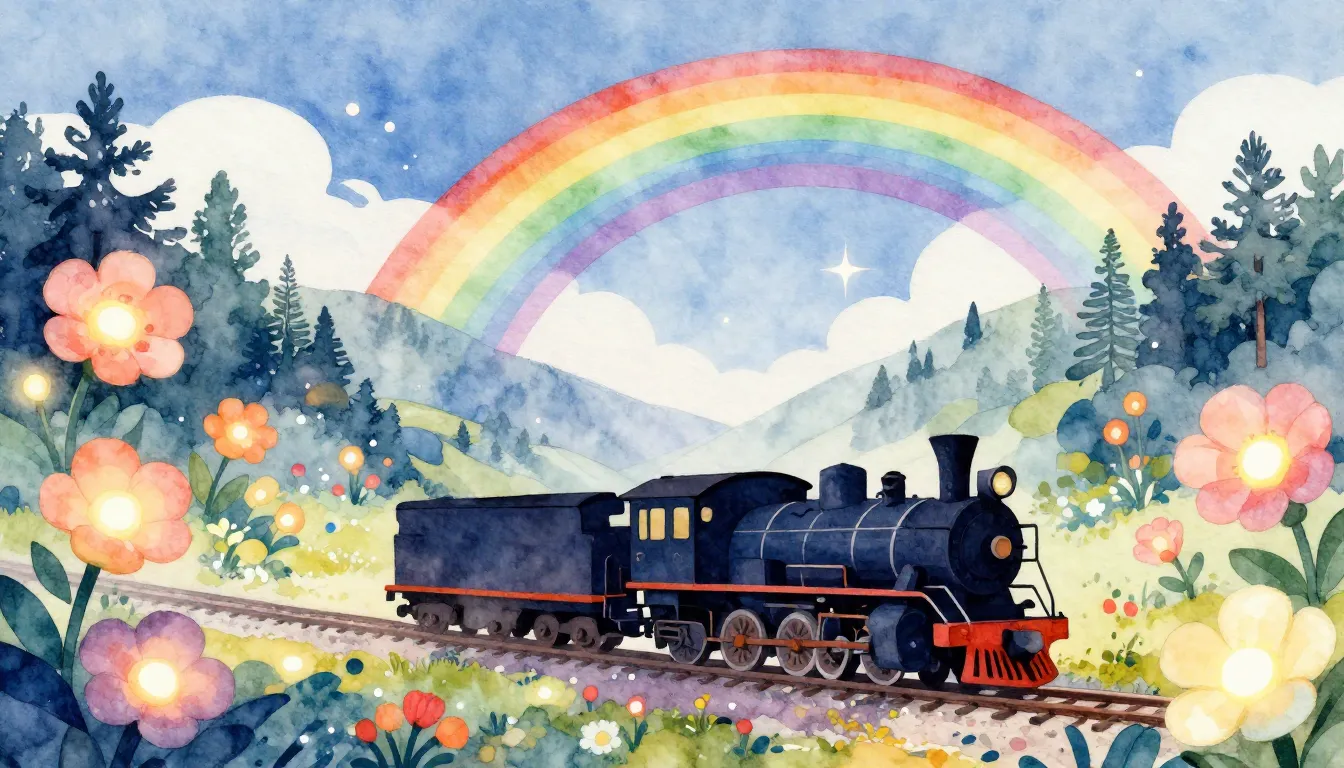 Watercolor style. A colorful silhouette of a small steam loc...