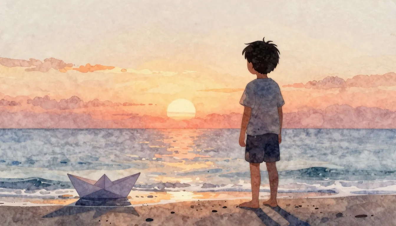Watercolor style. A child's silhouette stands on a beach at ...
