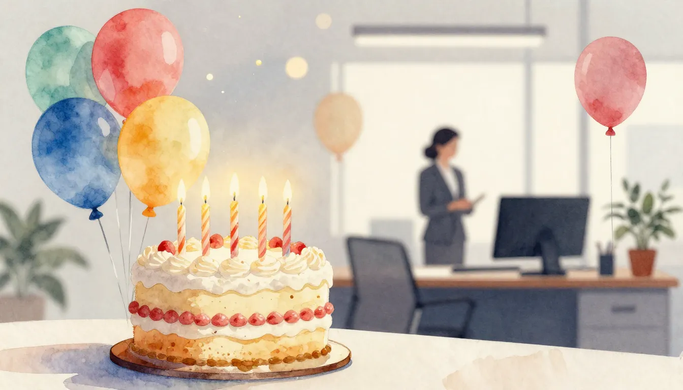 Watercolor style. Festive office scene, a cake with candles,...