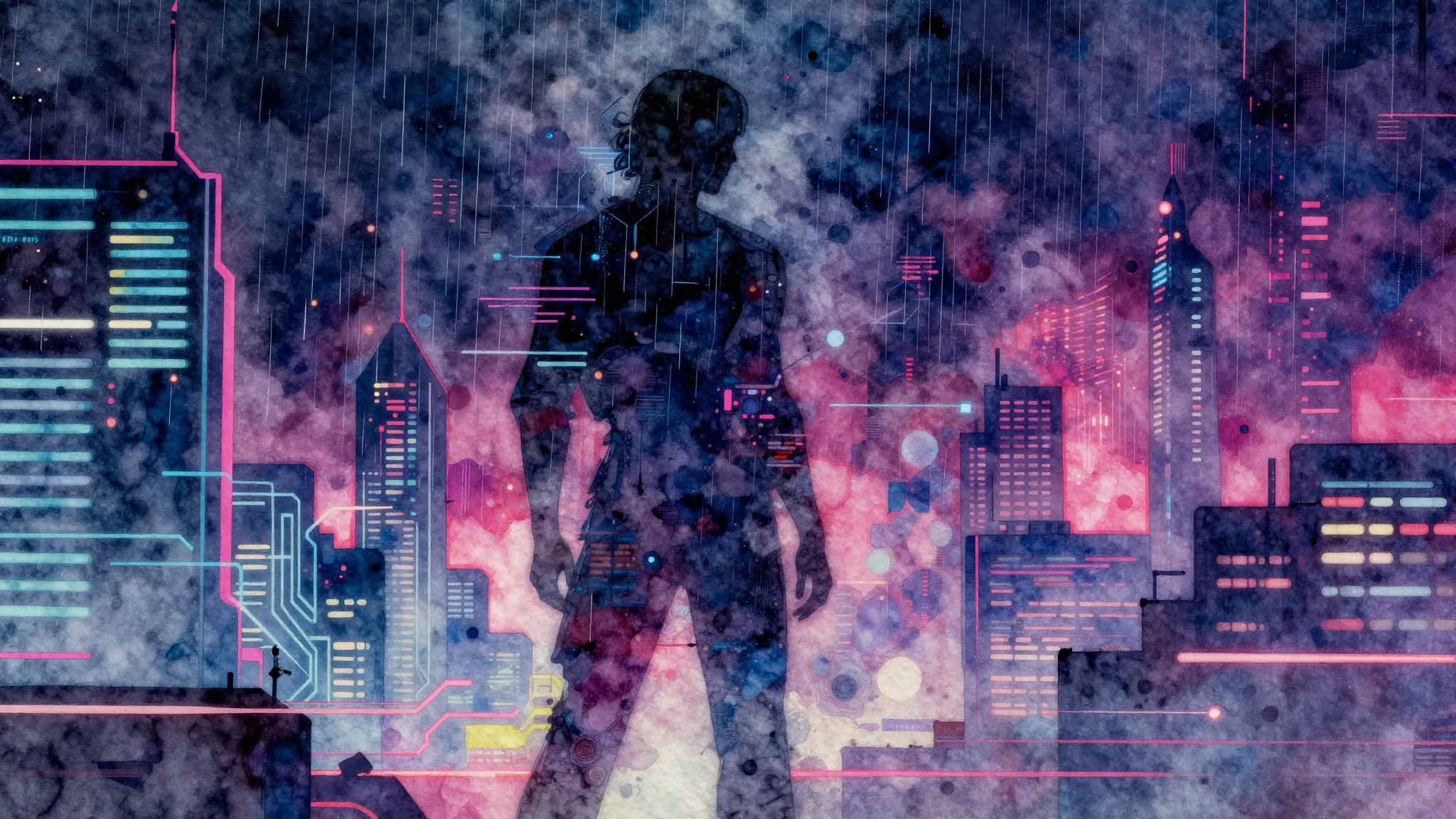 Vibrant watercolor style. Cyberpunk album cover, dark, neon ...