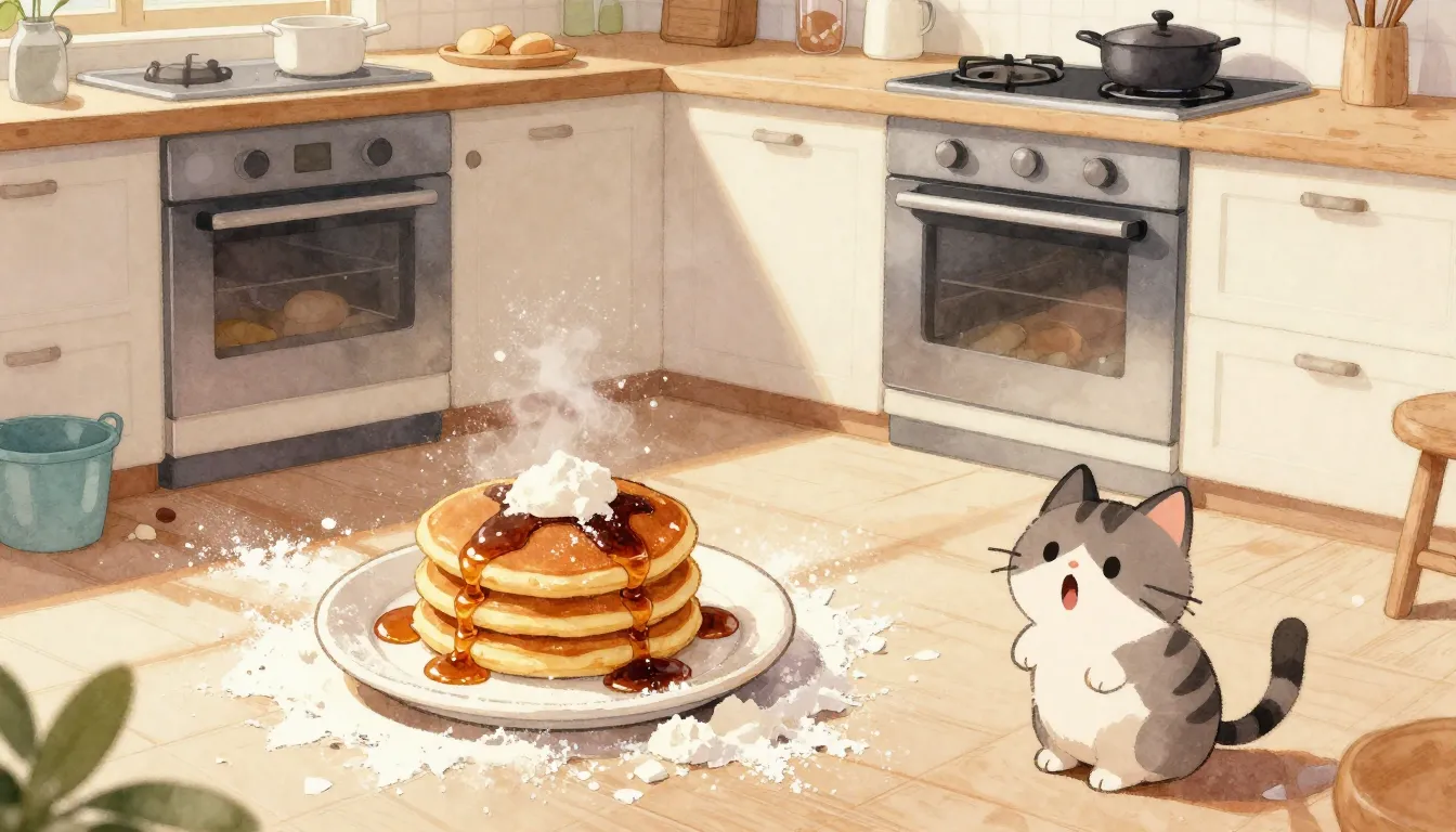 Watercolor style. A messy kitchen with flour on the floor, b...