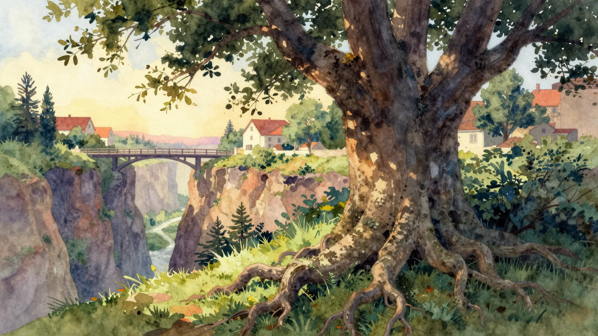 Vibrant watercolor style. Northern landscape, strong tree ro...