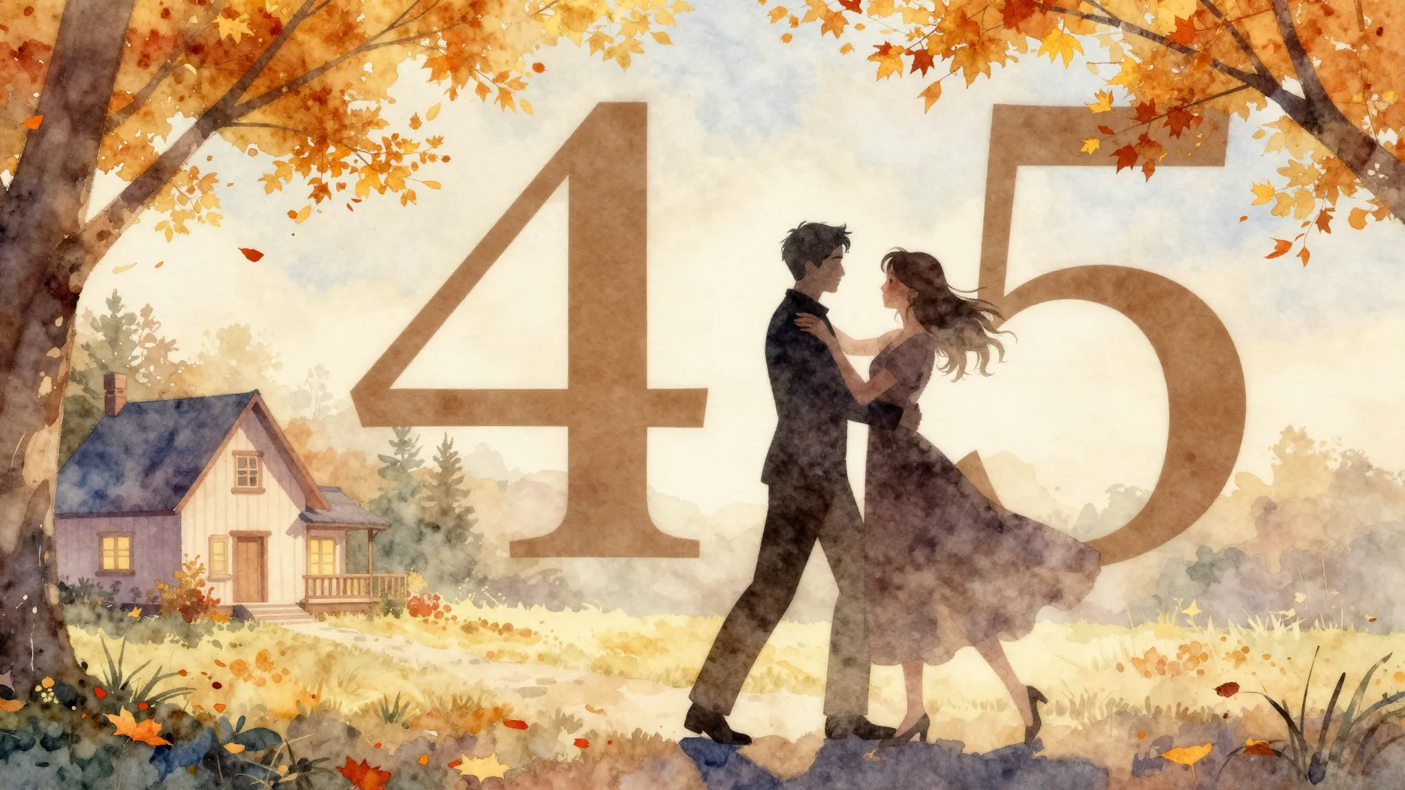 Watercolor style. A silhouette of a couple dancing under aut...