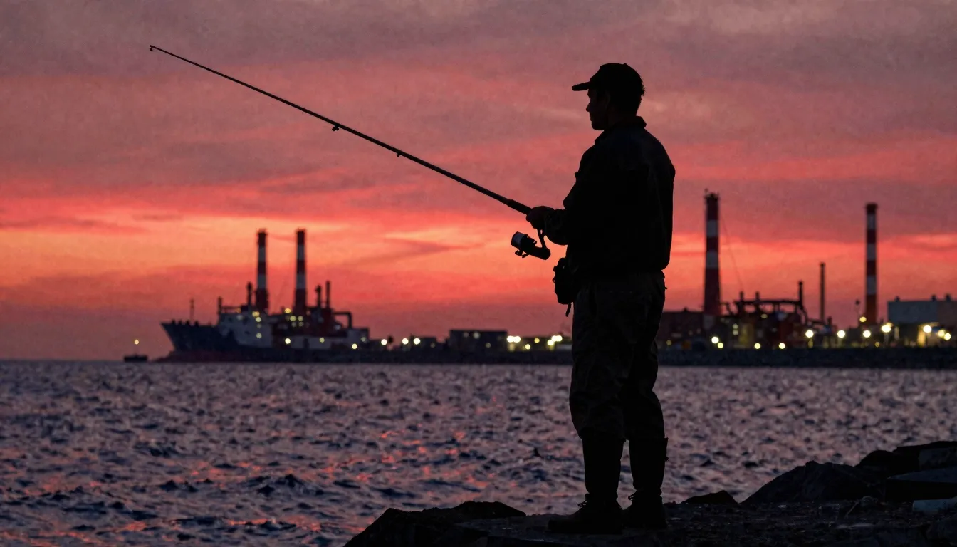 Watercolor style. Silhouette of a short stocky man fishing b...