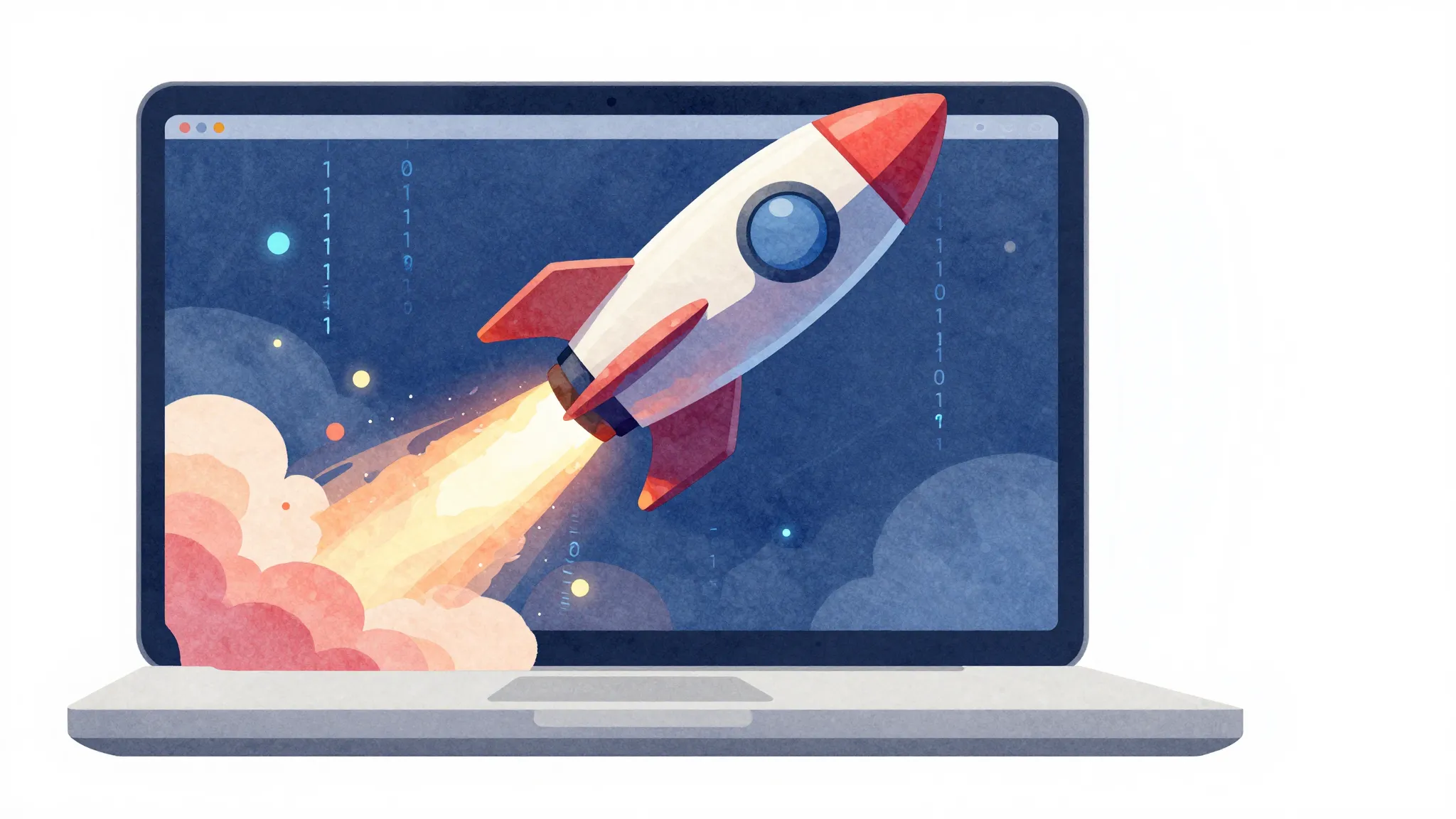 Watercolor style. A stylized digital rocket taking off from ...