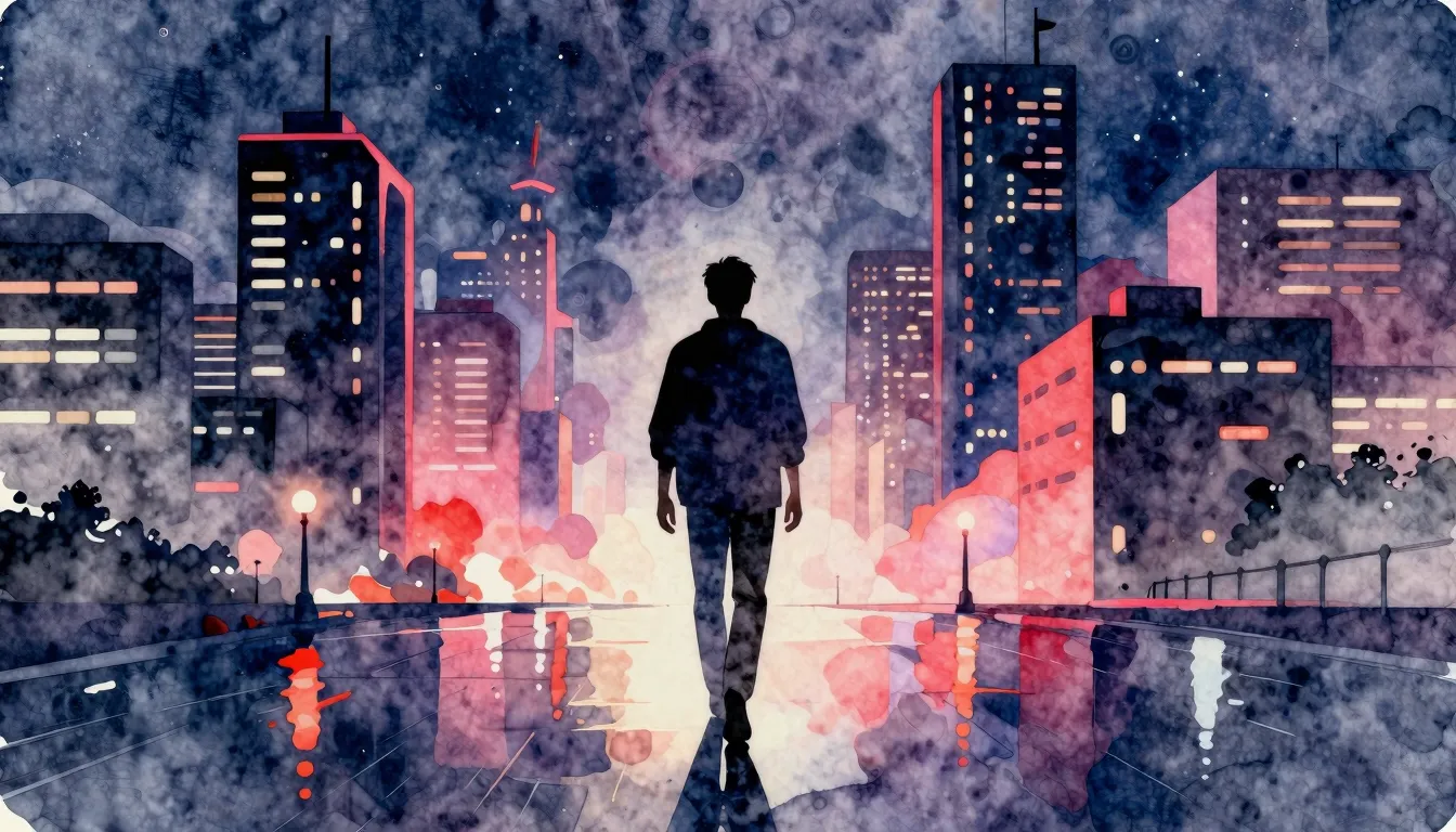 Watercolor style. Silhouette of a man walking away from a vi...